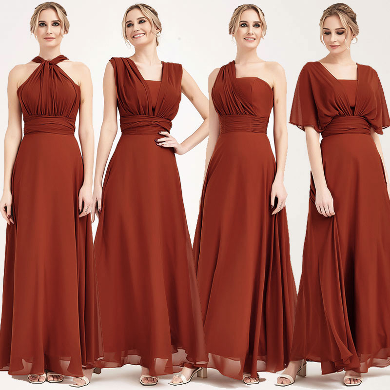 Elegant Convertible Chiffon Bridesmaid Dress - Wrap Style Rusty Red Maxi Gown for Weddings, Parties & Special Occasions
