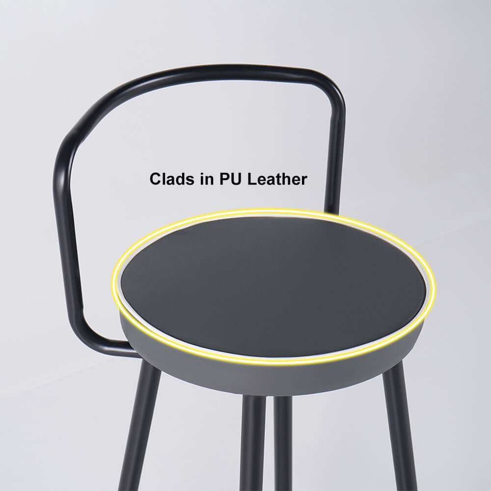 Modern Black Metal Bar Stool Set of 2 with Backrest & Footrest - PU Leather Upholstered Counter Height Stools for Kitchen Island, Breakfast Bar & Home Decor