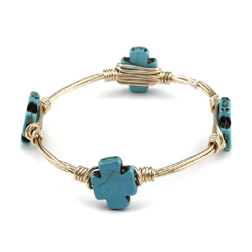 Turquoise Cross Stone Wire Bangle Bracelet - Handmade Boho Jewelry for Women, Perfect for Casual Wear, Festivals & Layering