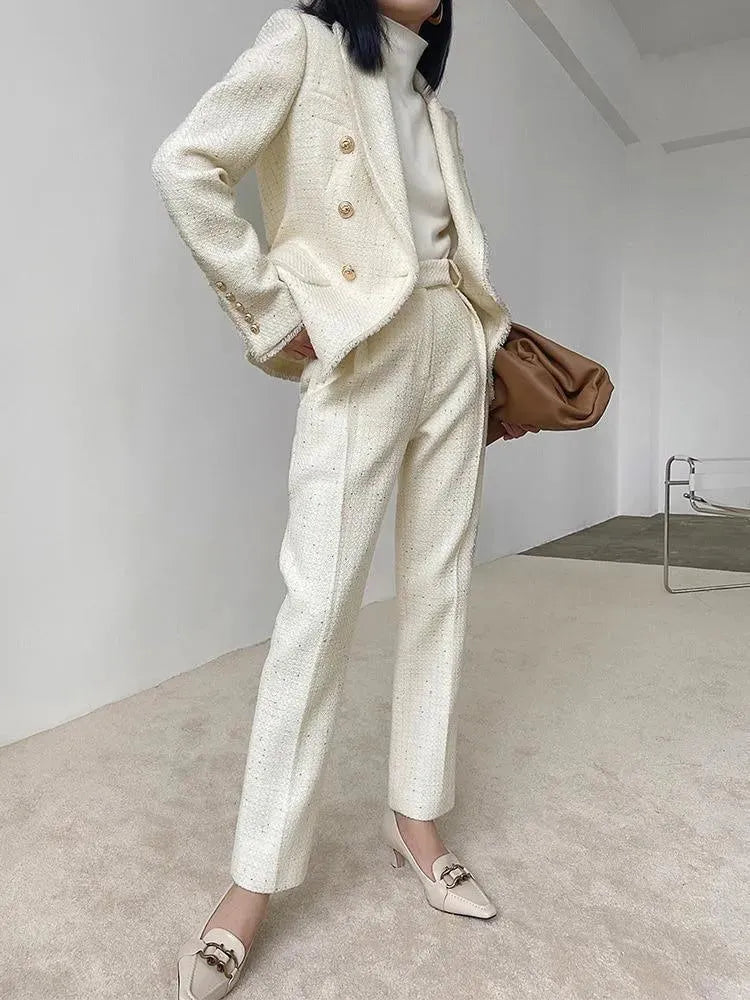 Stylish Women's Tweed Pantsuit - Elegant Blazer & Pants Set for Office, Business Meetings & Formal Events