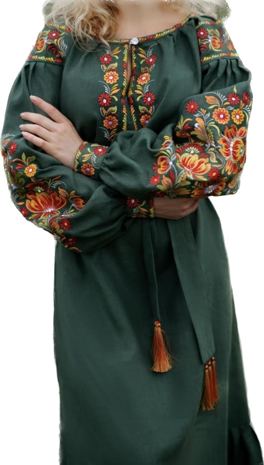 Traditional Ukrainian Vyshyvanka Embroidered Dress - Green Linen Long Floral Petrykivka Embroidery Boho Summer Dress (Size 12) | Perfect for Festivals, Cultural Events & Bohemian Fashion