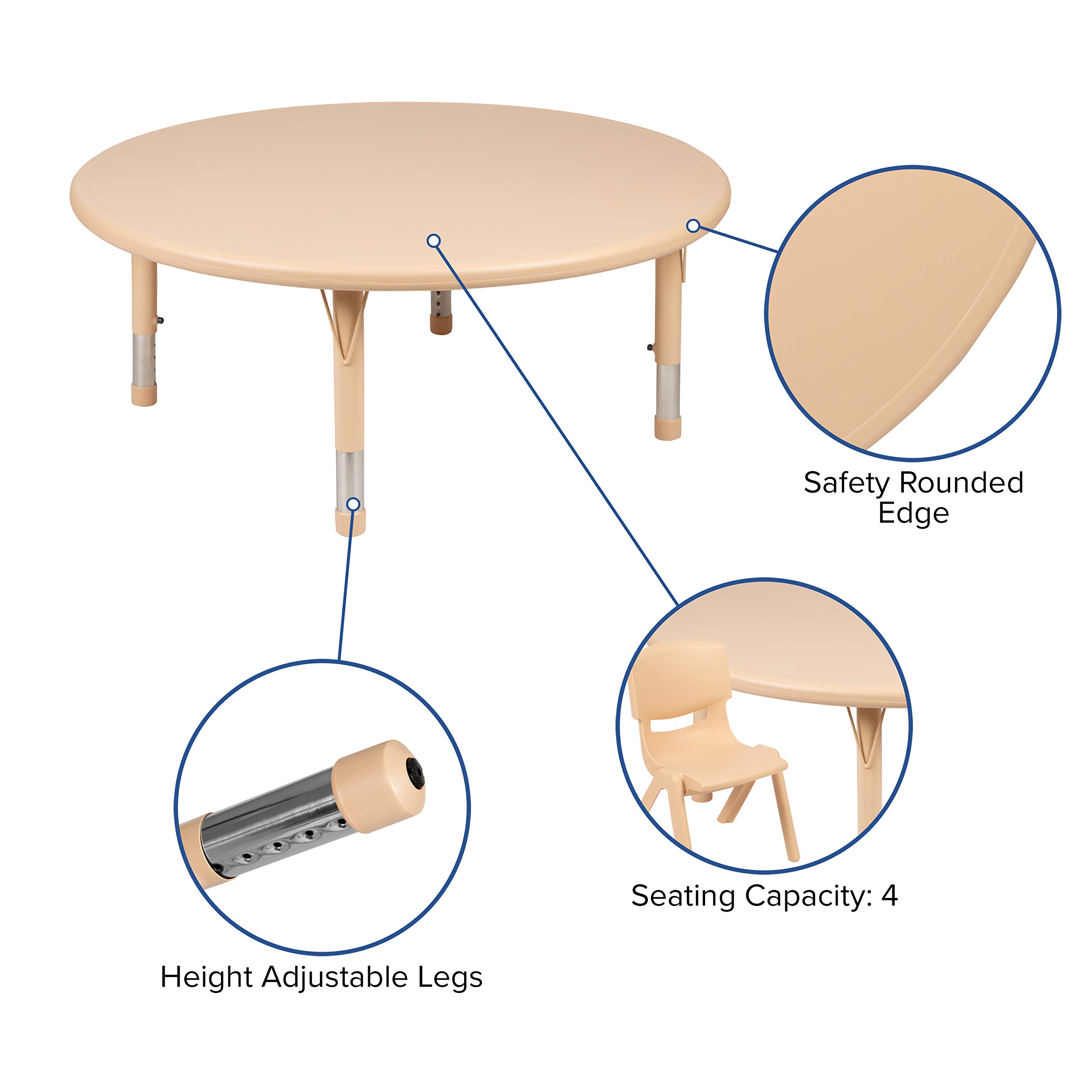 EMMA + OLIVER 45 Inch Round Adjustable Height Kids Activity Table Set with 2 Chairs - Natural Plastic Toddler Play Table for Arts, Crafts & Learning Activities