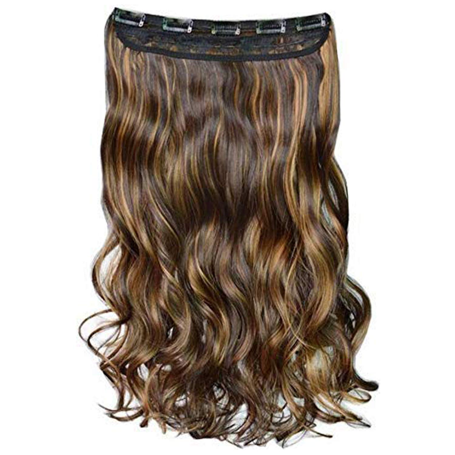 FOK 5 Clip-In Black Synthetic Hair Extensions with Golden Highlights - 24 Inch for Volume & Length - Perfect for Parties, Weddings & Daily Styling