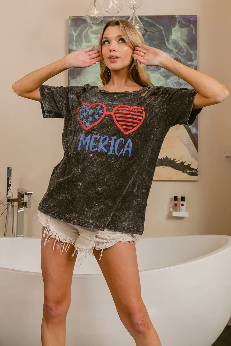 BiBi 4th of July Patriotic Women's Distressed Laser Cut Top - Perfect for Independence Day Parties, BBQ Gatherings & Summer Festivals