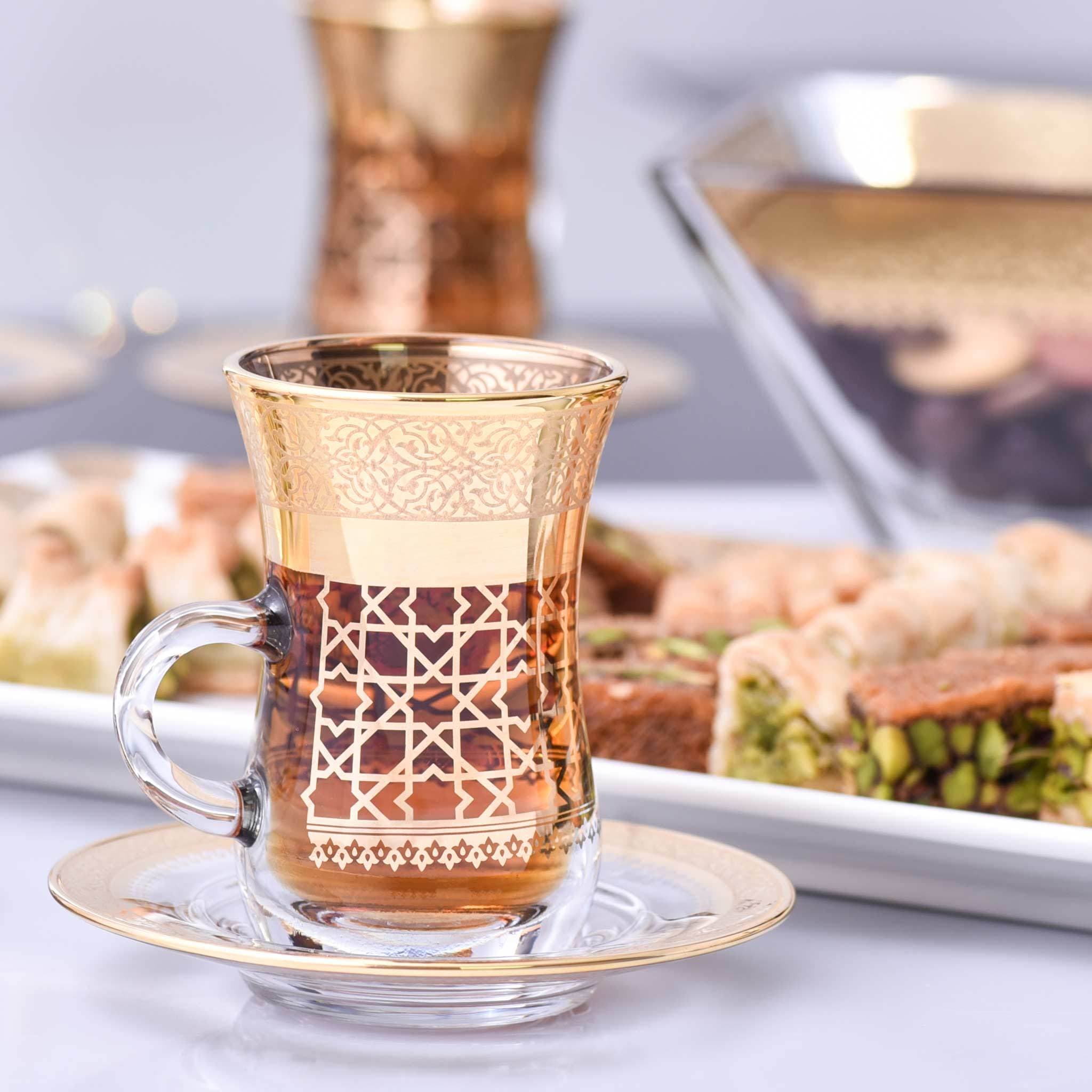 Dimlaj Cordoba 6-Piece Tea Cup and Saucer Set - Elegant Gold Porcelain Tea Cups for Afternoon Tea, Coffee, or Dessert - Perfect for Home, Cafe, or Gift Giving