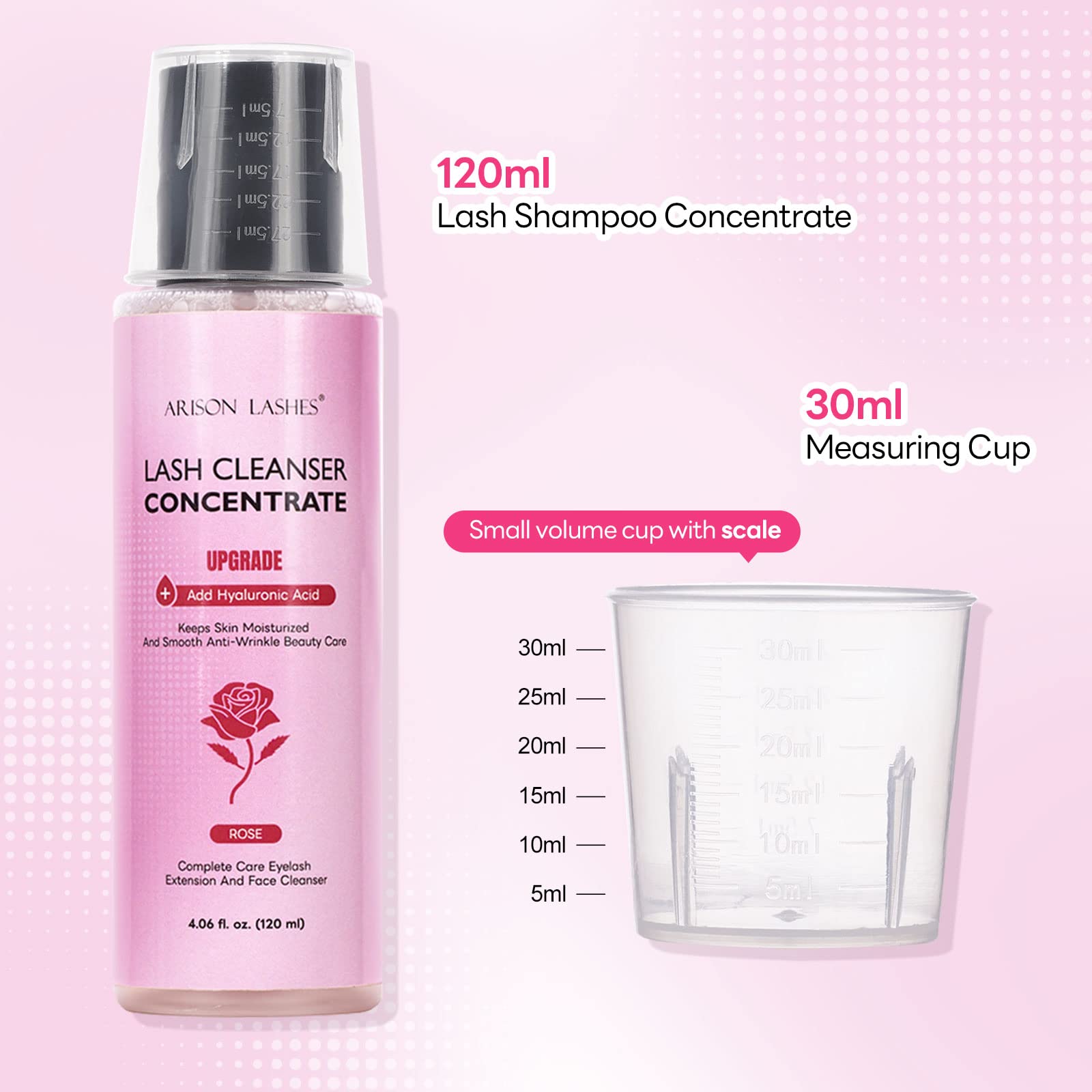 **Arison Lashes Upgraded Lash Shampoo Concentrate 120ml - Professional Eyelash Cleanser for Lash Extensions, Large Capacity, Rose Scented - Perfect for Salons, Home Use & Lash Care Routine**