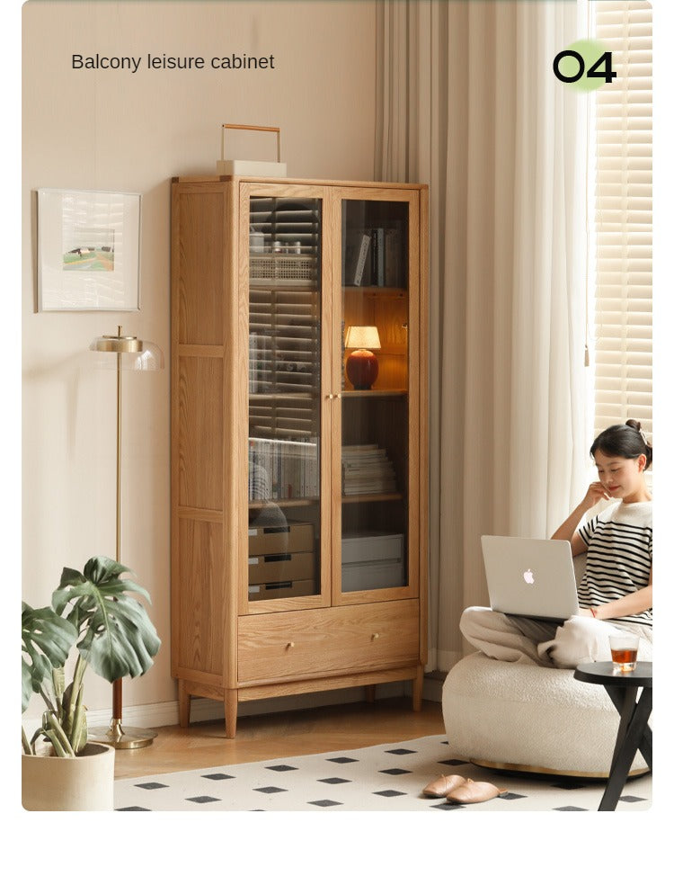 Oak Solid Wood Modern Glass Door Bookcase - Stylish Bookshelf for Living Room, Office & Library - Perfect for Home Decor & Book Storage
