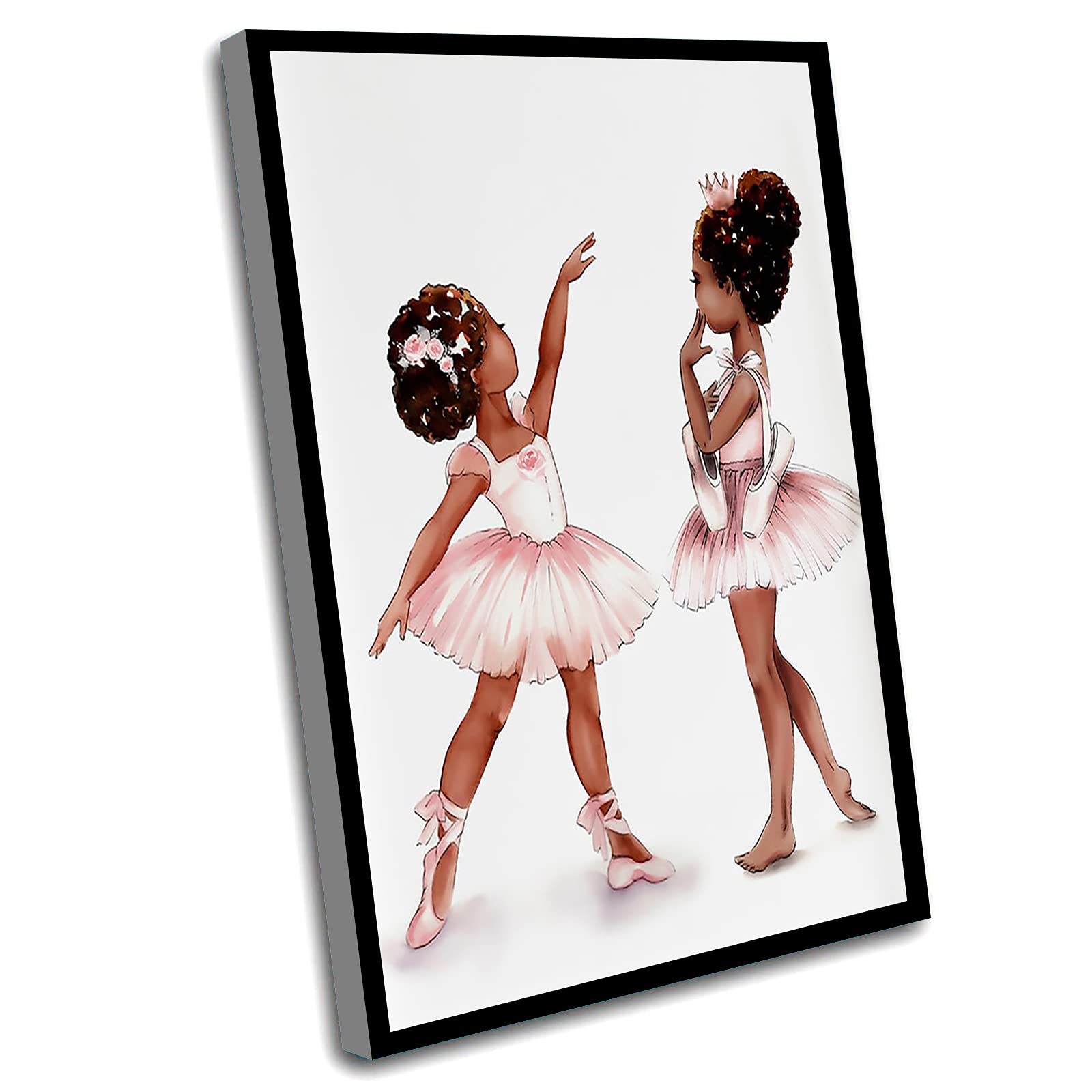 Windrain Nursery Decor - Black Ballerina Sisters Wall Art for Little Girl's Room, African American Framed Art (8x12 Inch, White) - Perfect for Baby Showers, Nursery Themes & Kids' Bedroom Decor