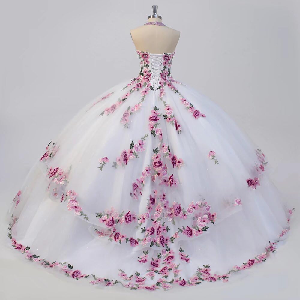 Elegant White A-Line Tulle Wedding Dress with Floral Appliques - Halter Neck Bridal Gown for Quinceañera & Special Occasions | Perfect for Beach Weddings, Garden Ceremonies, and Formal Events