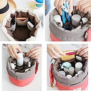Mbuys Mall Waterproof Bucket Barrel Shaped Cosmetic Pouch | Travel Makeup Organizer Bag | Multi-Color Round Cosmetic Case for Women | Perfect for Travel, Gym & Daily Essentials Storage