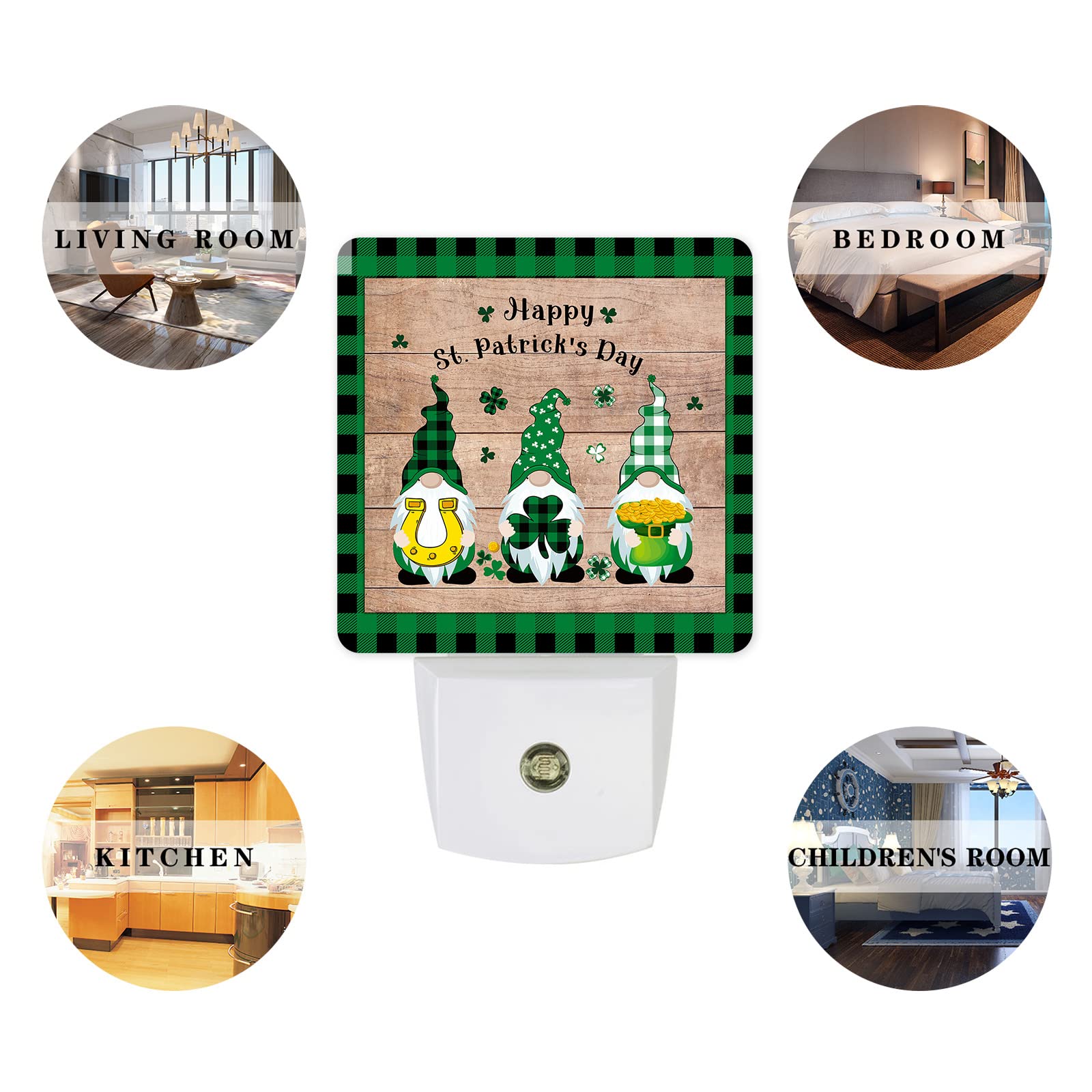 LED Night Light Plug-in with Auto Sensor, St. Patrick's Day Gnome Night Lamp with Lucky Shamrock & Gold Coin - Wood Grain Square Dim Light for Kids, Bedroom, Bathroom, Hallway - Perfect for Nighttime Safety & Holiday Decor
