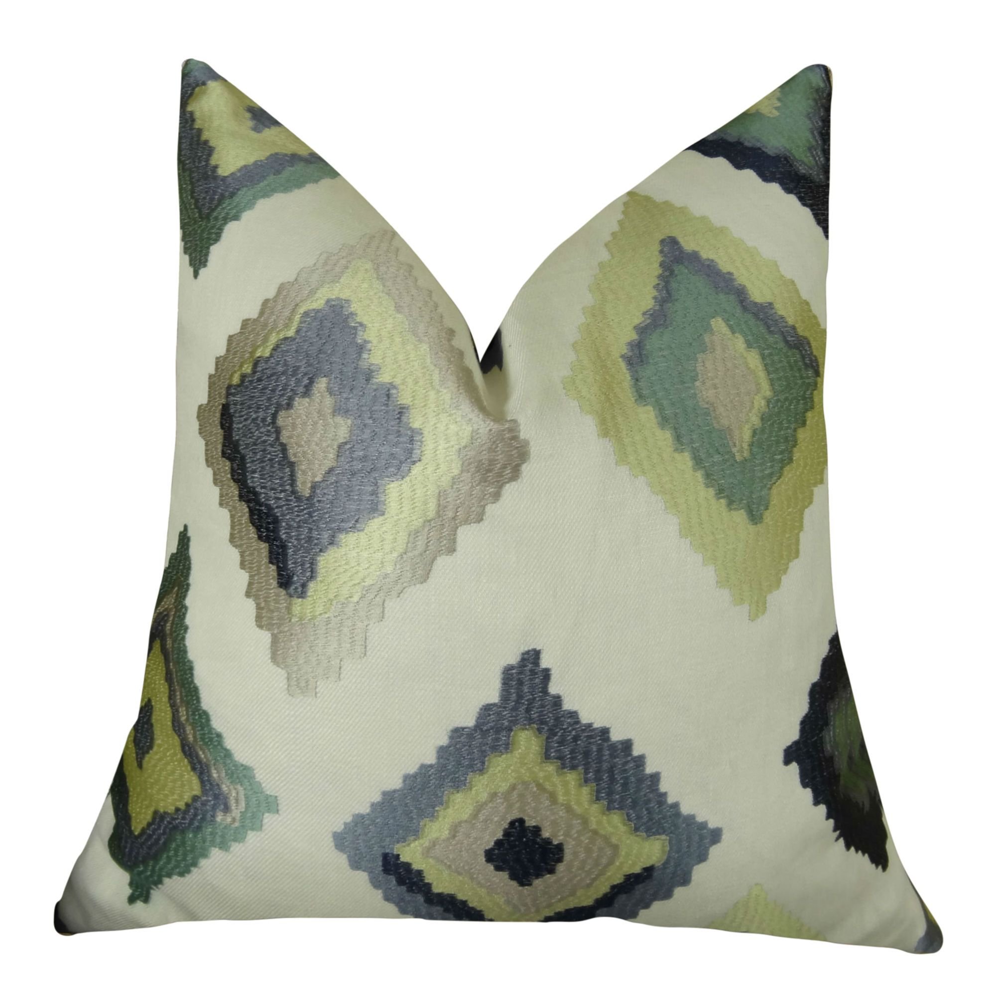 Geometric Pattern Throw Pillow - Handmade in USA - Embroidered Couch Pillow with Lime, Taupe, Lavender & White Design - Perfect for Living Room, Bedroom & Sofa Decor