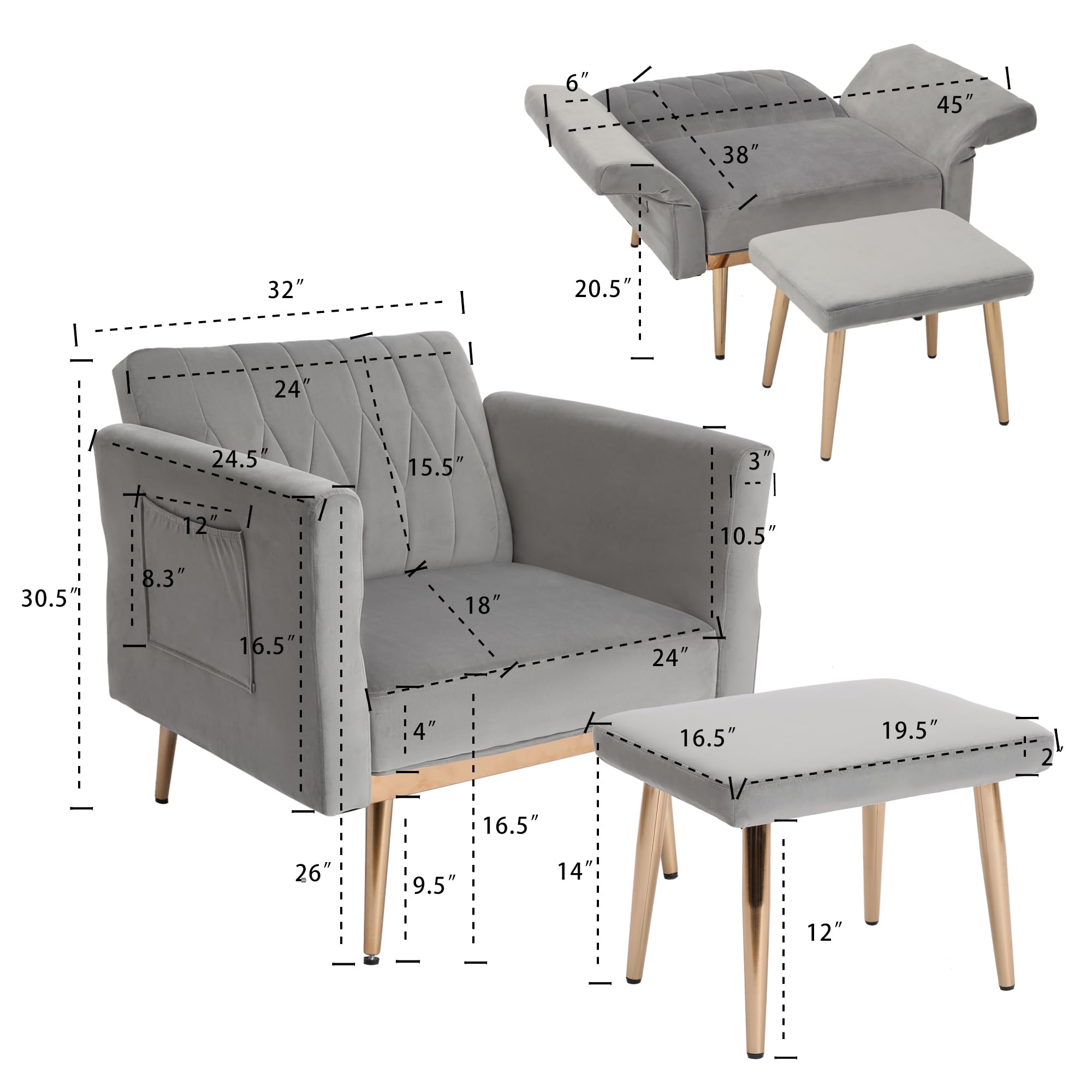 Modern Velvet Chaise Lounge Chair with 3 Reclining Positions - Convertible Recliner to Bed, Adjustable Futon Sofa Sleeper for Living Room, Bedroom, Apartment, Dorm & Office - Soft Grey Velvet Upholstery - Perfect for Lounging, Napping & Small Space Living