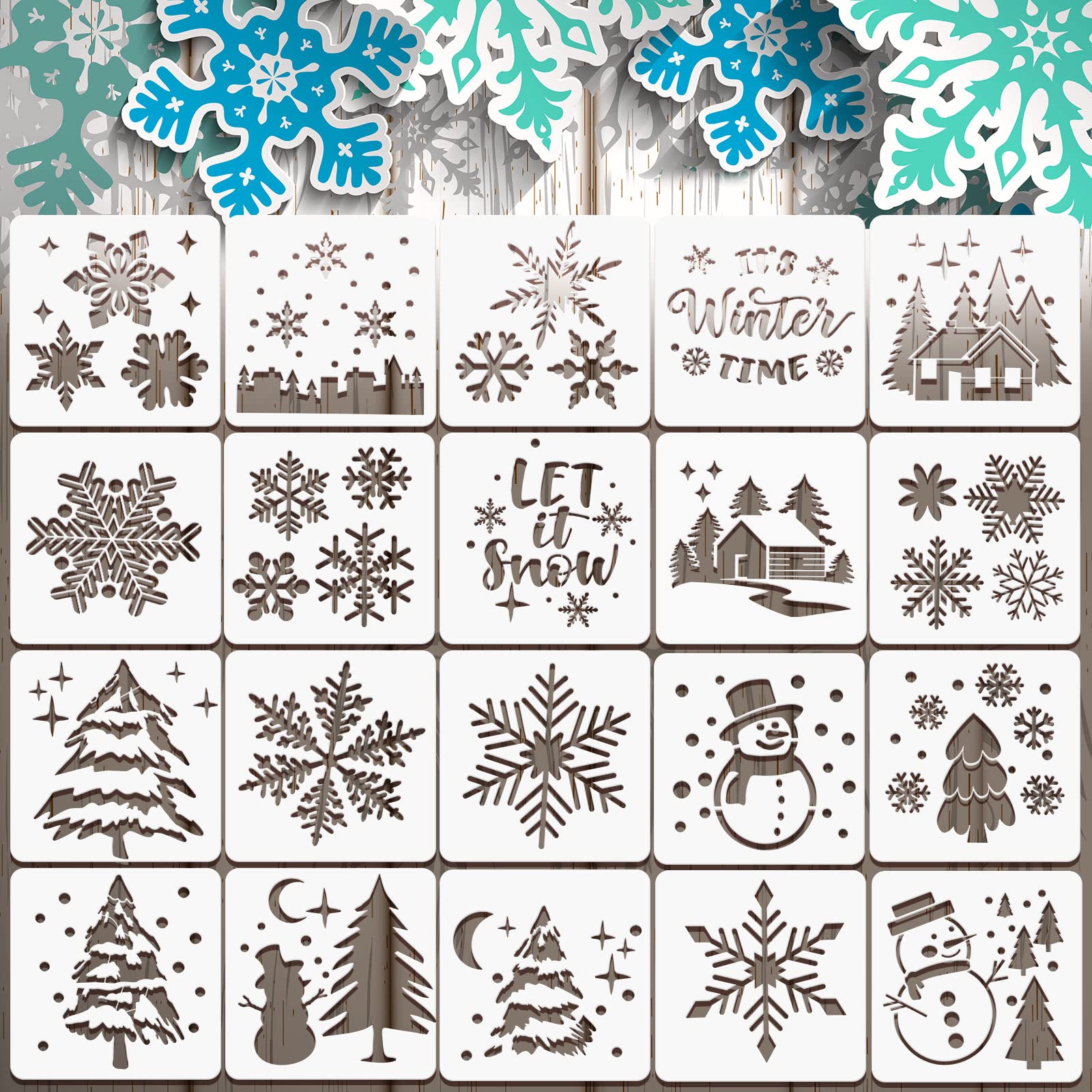 20-Piece Reusable Animal & Plant Stencil Templates for Painting - DIY Christmas, Spring, Summer, Winter Designs - Perfect for Wood, Wall & Home Decor (Snowflake Pattern) - Great for Crafting, Scrapbooking & Holiday Decorations