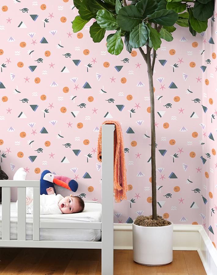 Egyptian Icons Wallpaper by Tea Collection in Pink - Perfect for Kids' Room Decor & Nursery Wall Design