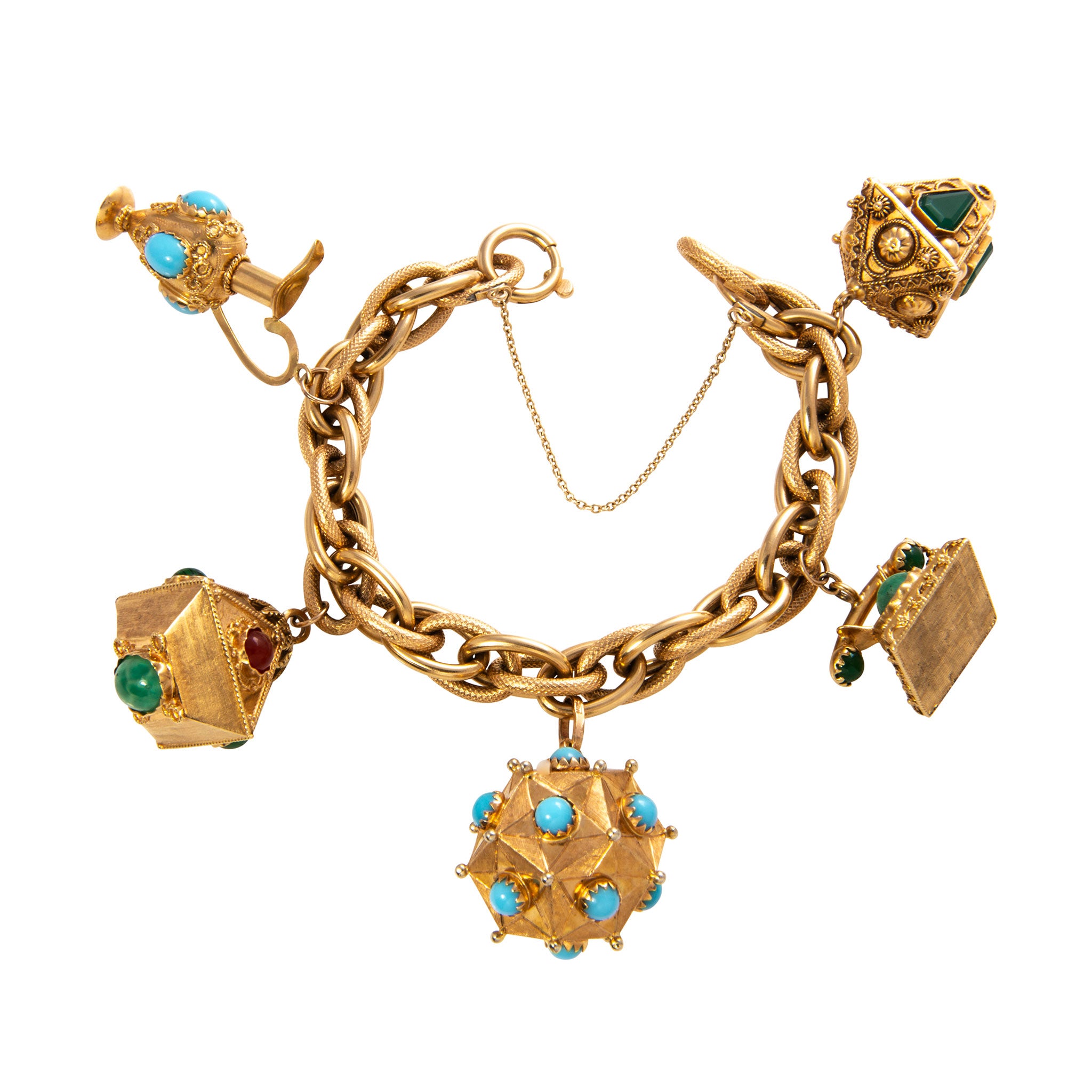 Vintage 18K Gold Multi-Stone Charm Bracelet with Fob - Elegant Jewelry for Women, Perfect for Parties, Weddings & Special Occasions