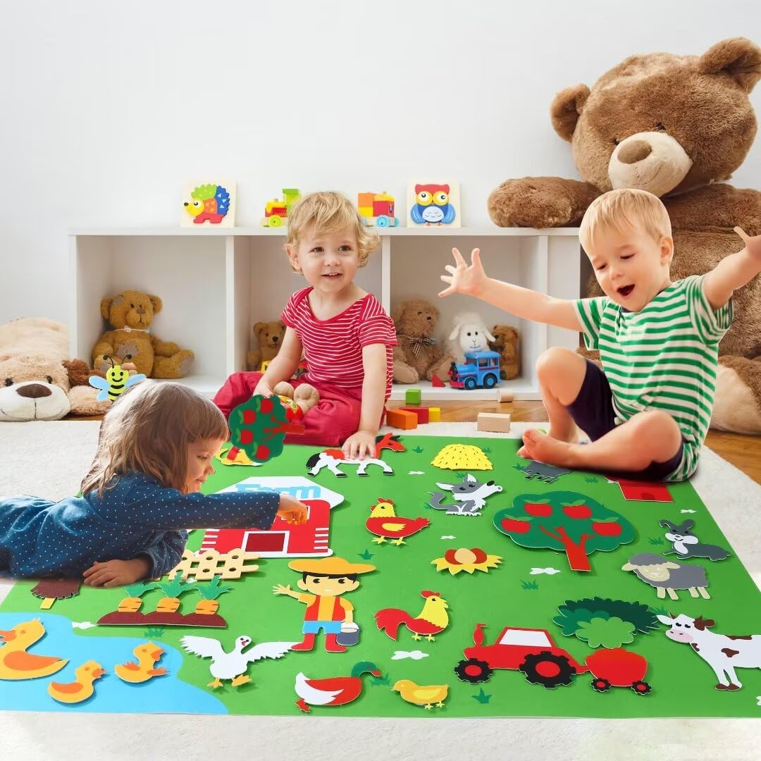 Farm Animals Felt Story Board Set - 29pcs Preschool Learning Kit for Toddlers | Interactive Play Mat & Wall Hanging Gift for Boys & Girls