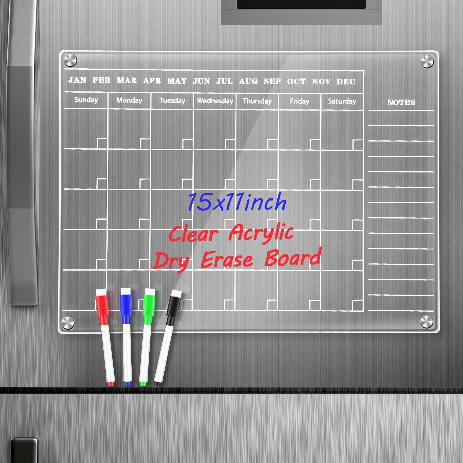 Acrylic Magnetic Dry Erase Calendar Whiteboard for Refrigerator - 15 x 11 Inch Fridge Organizer with 4 Markers & Note Section - Perfect for Kitchen, Office, or Home Organization & Planning