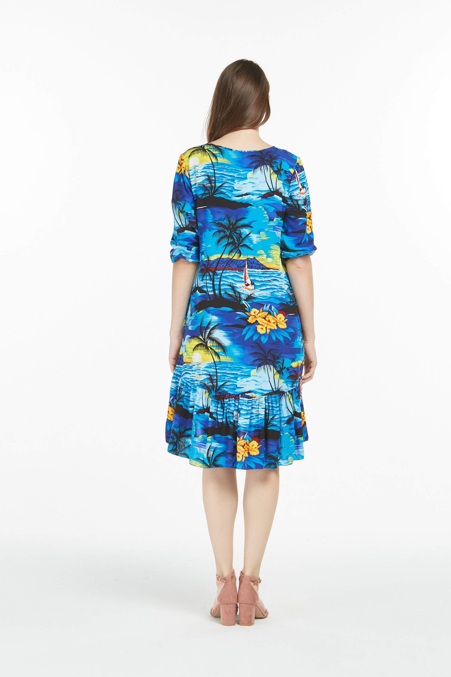 **Matching Hawaiian Luau Shirt & 3/4 Sleeve Ruffle Dress Set for Couples - Sunset Blue - Tropical Beach Vacation Outfit for Date Night & Summer Parties**