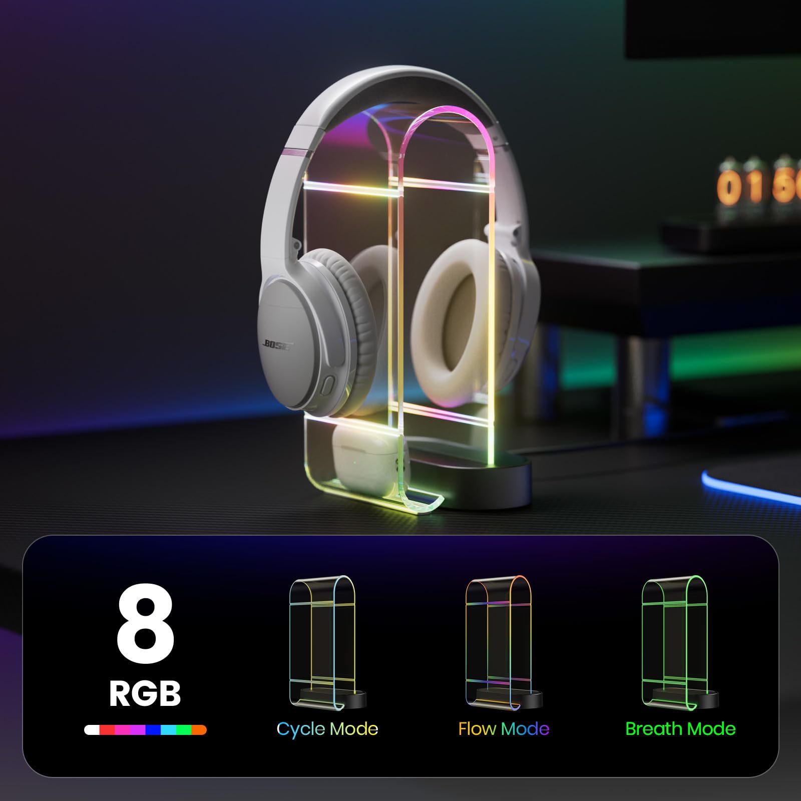 RGB Gaming Headphone Stand with USB Ports - Acrylic Headset Holder with 10 Light Effects, 1 USB-C & 2 USB-A Ports - PC Gaming Accessories for Gamers - Clear Desk Organizer for Gaming Setup, Streaming Station & Home Office