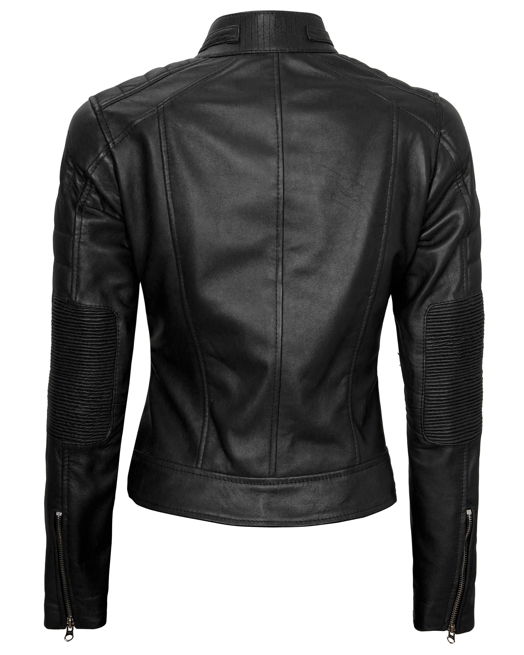 Genuine Leather Motorcycle Jacket for Women - Cafe Racer Style with Stand Collar, Natural Grain, Premium Biker Jacket for Riding & Casual Wear