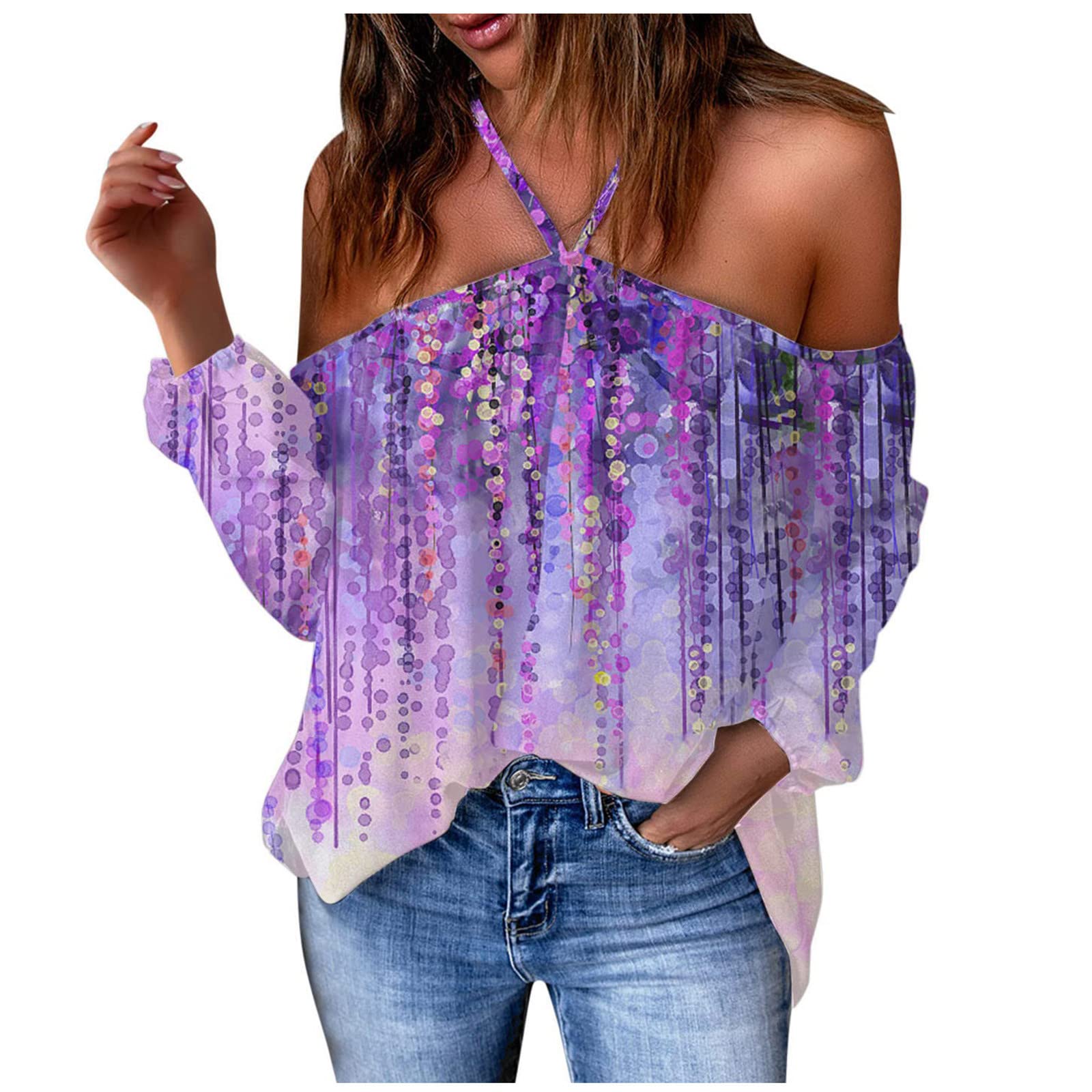 Women's Sexy Halter Neck Off Shoulder Long Sleeve T-Shirt - Summer Boho Print Tunic Top for Casual Wear | Beach Party, Vacation & Date Night Outfit