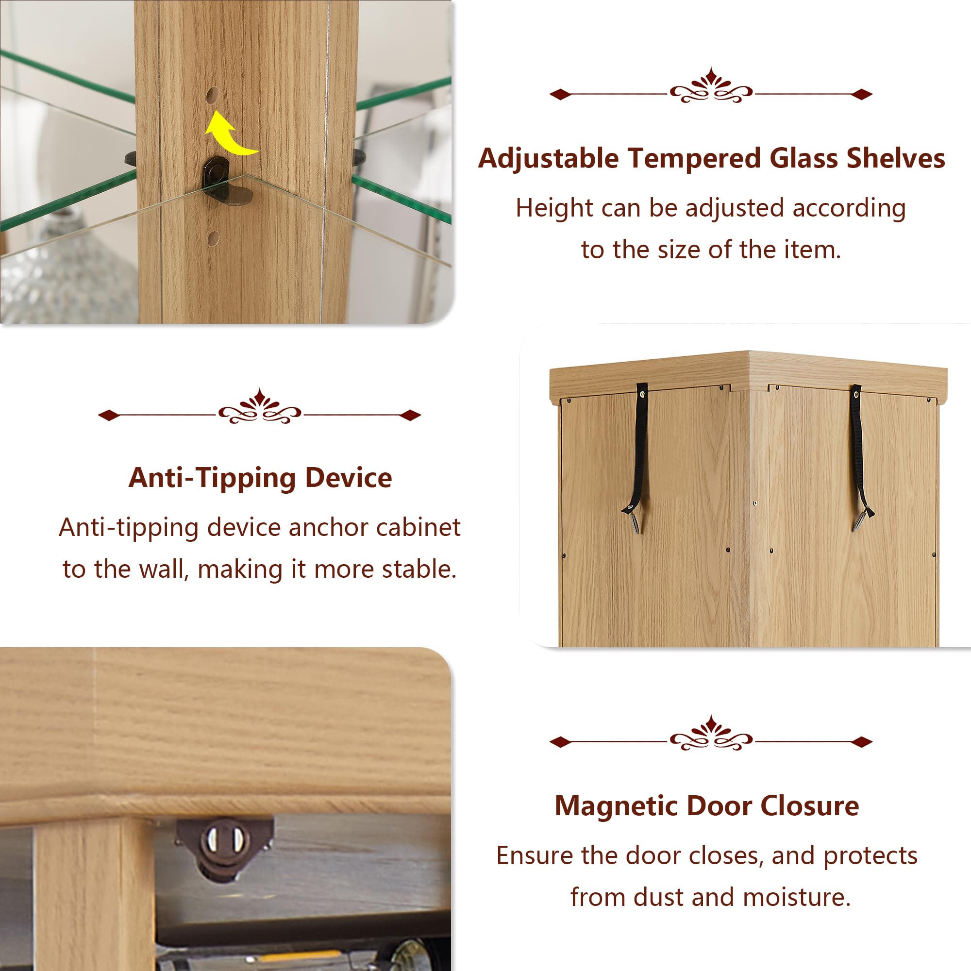 Dolonm Corner Curio Cabinet with LED Lighting - Glass Door Display Cabinet with Adjustable Shelves & Mirrored Back - Perfect for Living Room, Dining Room or Bedroom Decor - Natural Finish