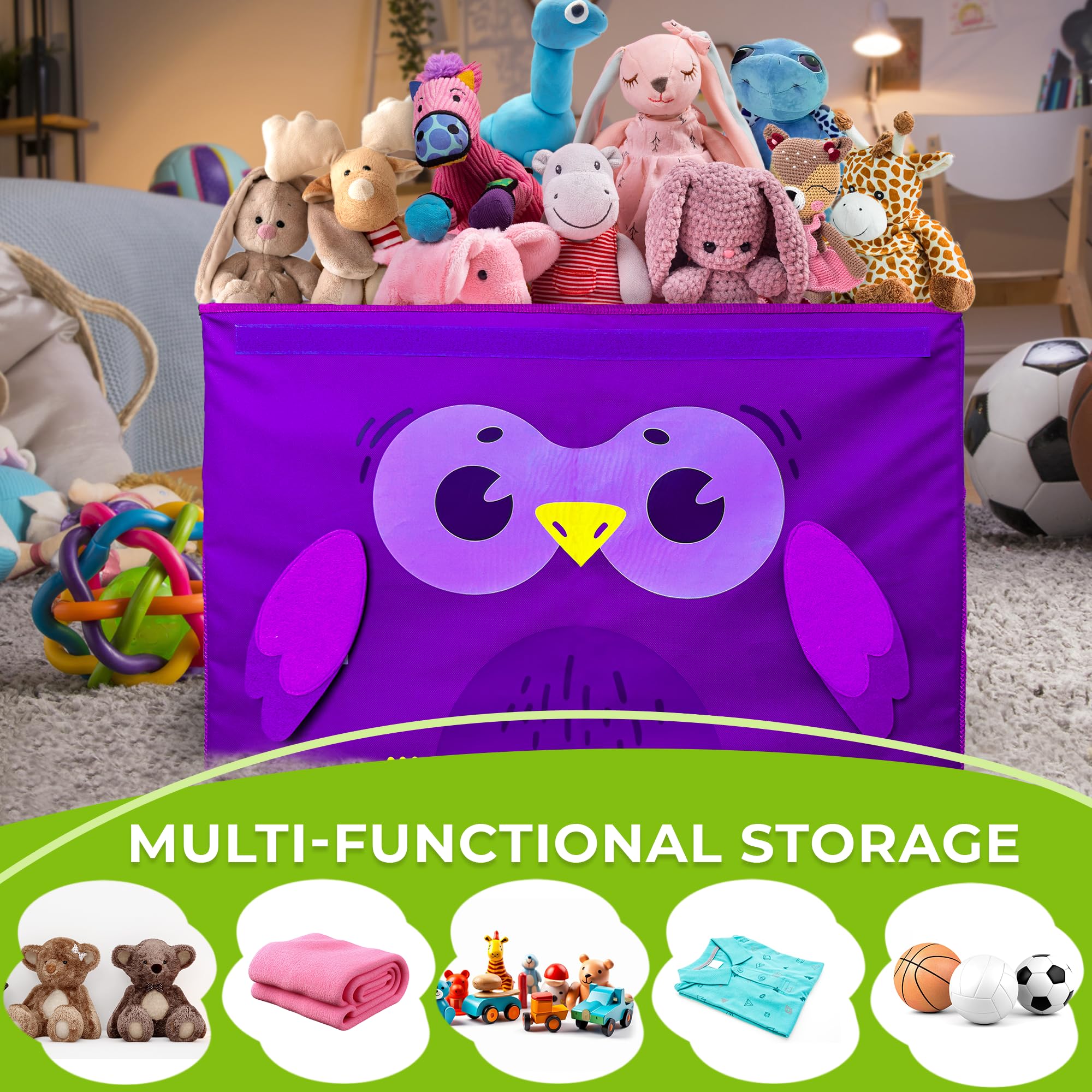 QUOKKA 16x12x10 Inch Owl Toy Storage Box - Collapsible Fabric Toy Chest with Handles & Flip-Top Lid for Kids Playroom & Nursery Organization | Perfect for Stuffed Animals, LEGO Blocks & Kids Toys Storage