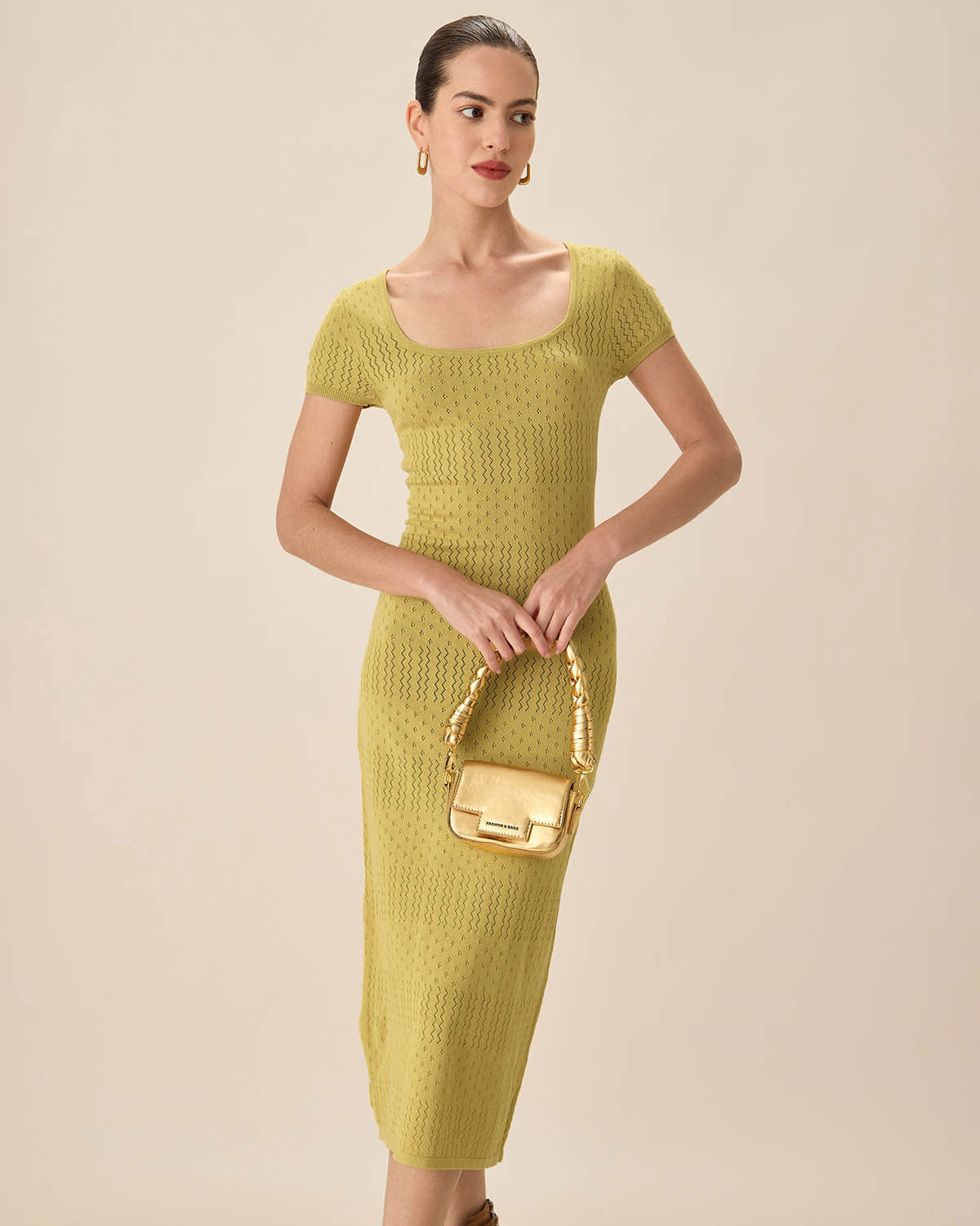 Stylish Green Square Neck Bodycon Midi Dress for Women - Perfect for Cocktail Parties, Date Nights & Office Wear