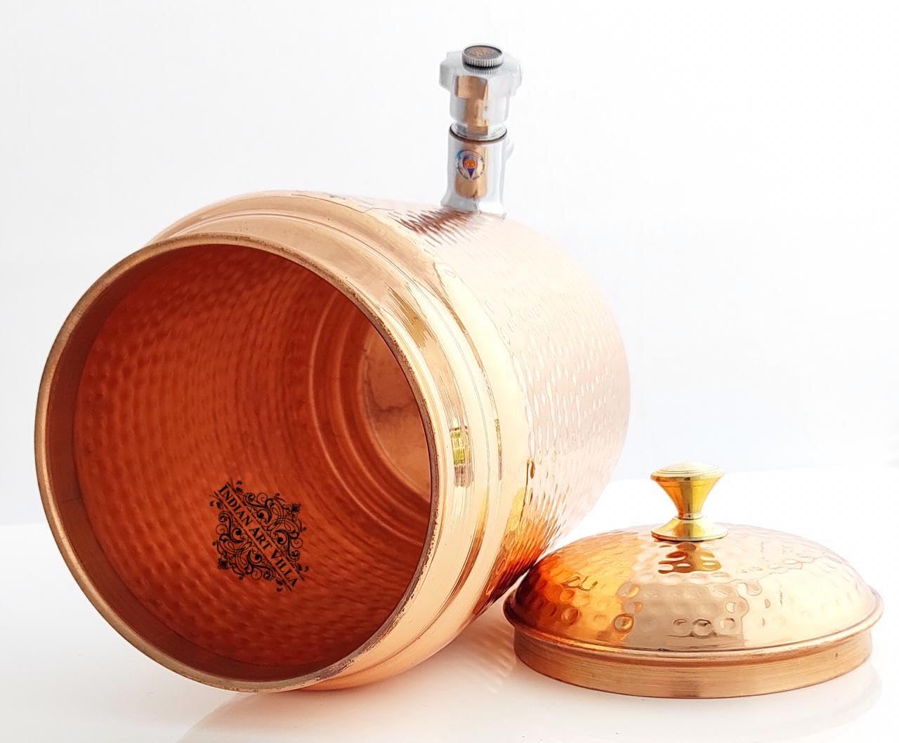Pure Copper Hammered Design Water Pot with Brass Stand, Tap & Knob - Indian Art Villa Handcrafted Water Storage & Serving Jug for Home, Office & Ayurvedic Rituals