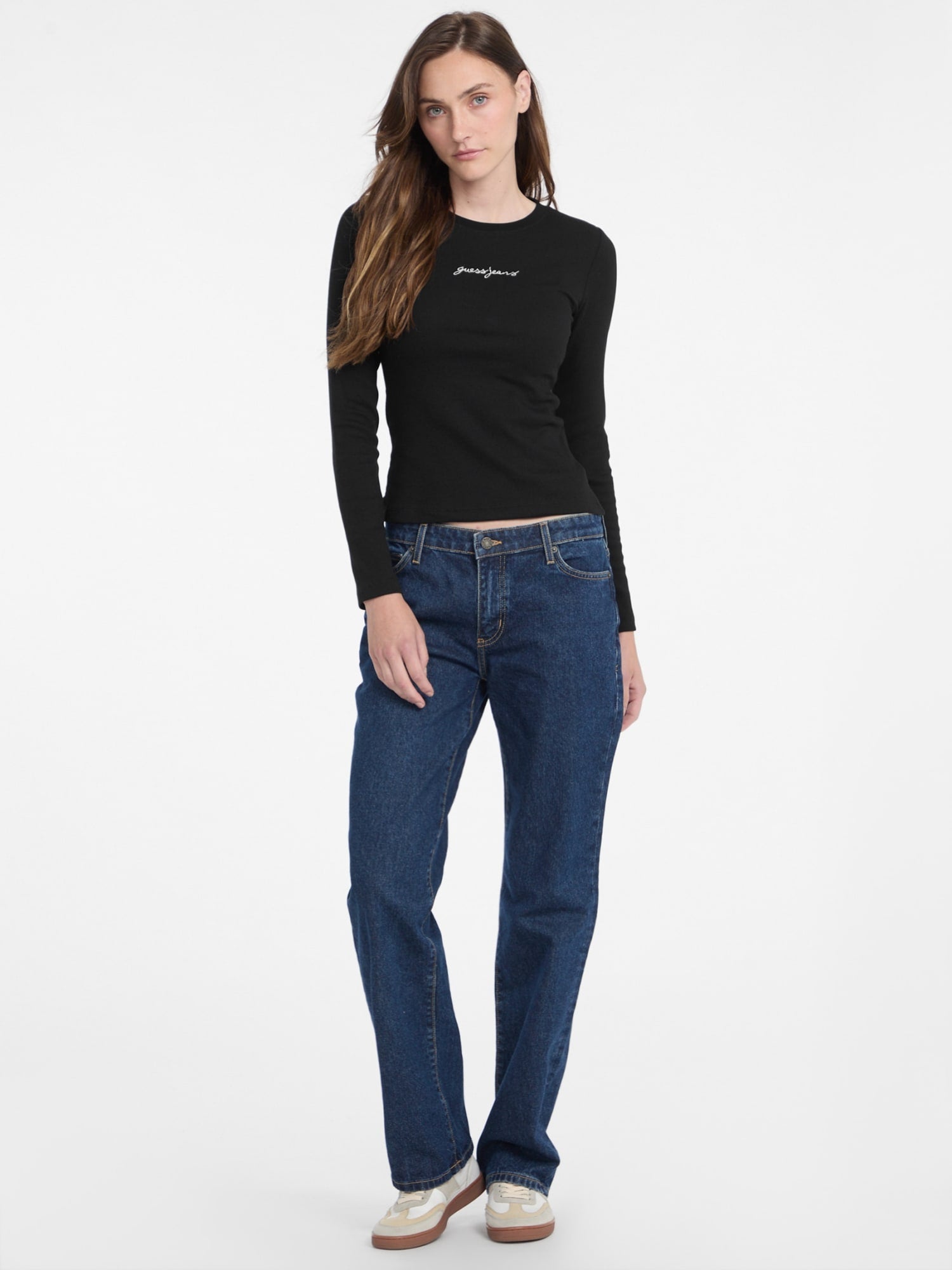 Guess Women's Black Slim Rib T-Shirt - Stretch Cotton Tee for Casual Wear & Layering
