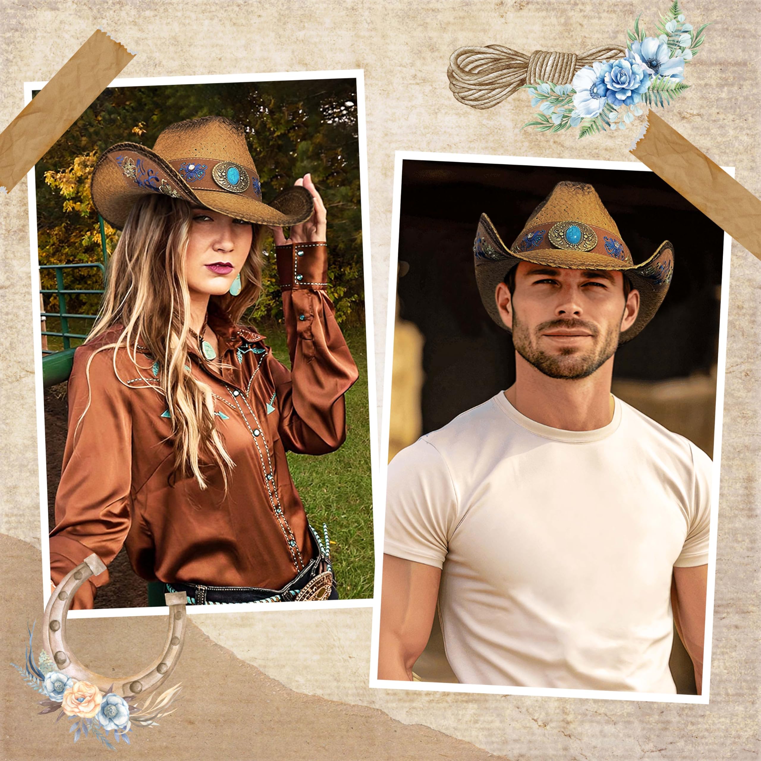 Stylish Embroidered Straw Cowboy Hats for Women & Men - Western Rodeo Fashion Accessories for Cowboys, Cowgirls - Perfect for Country Music Festivals, Rodeos & Outdoor Adventures