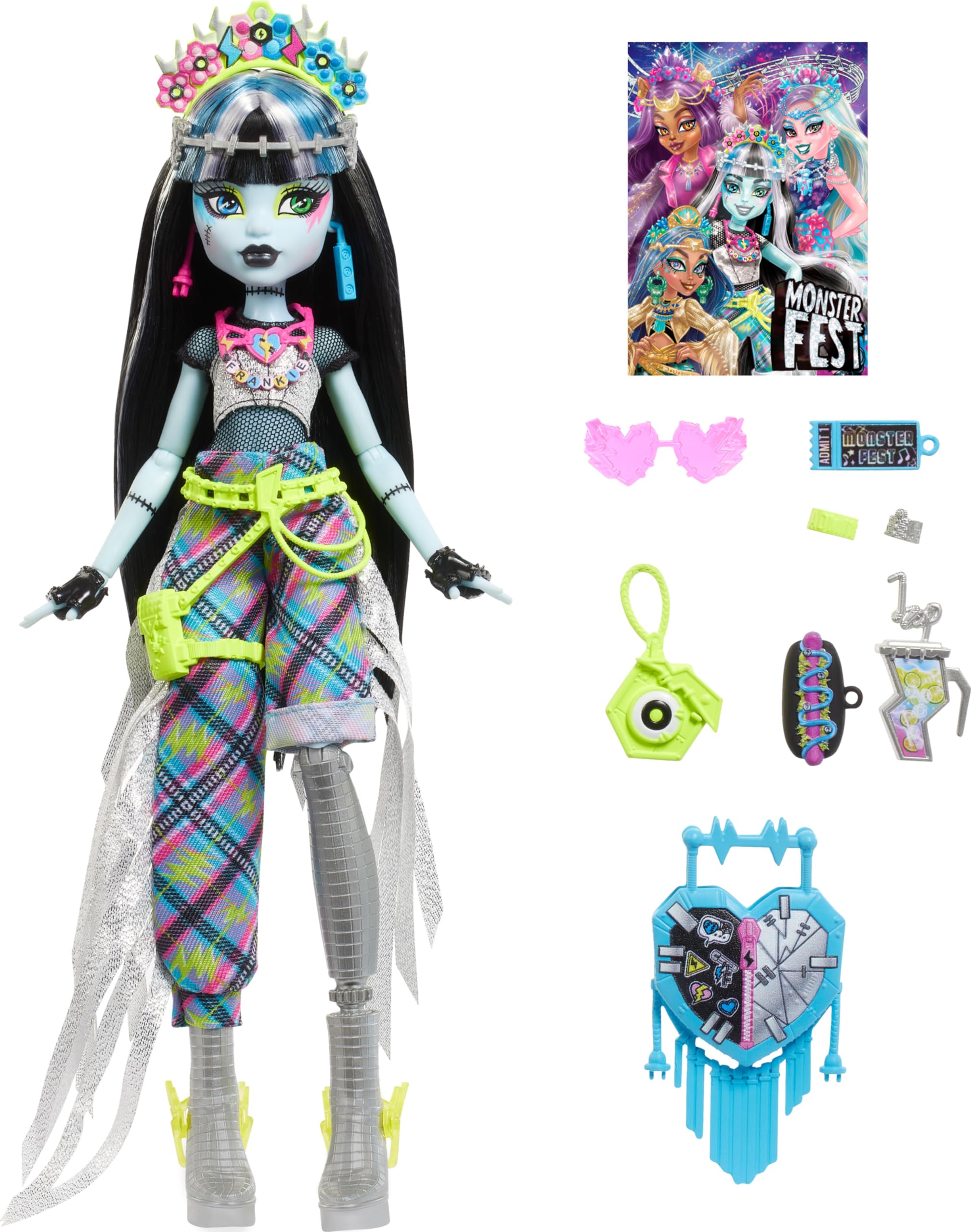 Monster High Monster Fest Doll - Frankie Stein with Glam Outfit & Festival Accessories | Collectible Fashion Doll with Snacks, Band Poster & Statement Bag | Perfect for Play, Display & Gifting