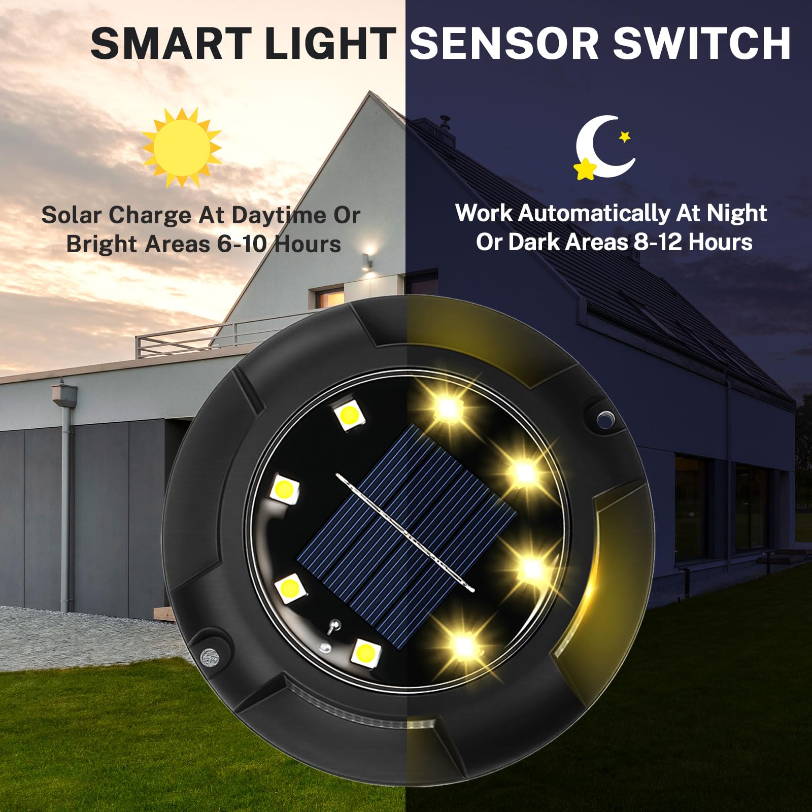 8 Pack 12 LED Solar Ground Lights - Waterproof Outdoor Landscape Lighting for Garden, Pathway, Yard, Lawn, Patio, Deck & Driveway | Warm White Solar Disk Lights | Perfect for Nighttime Safety & Garden Decor