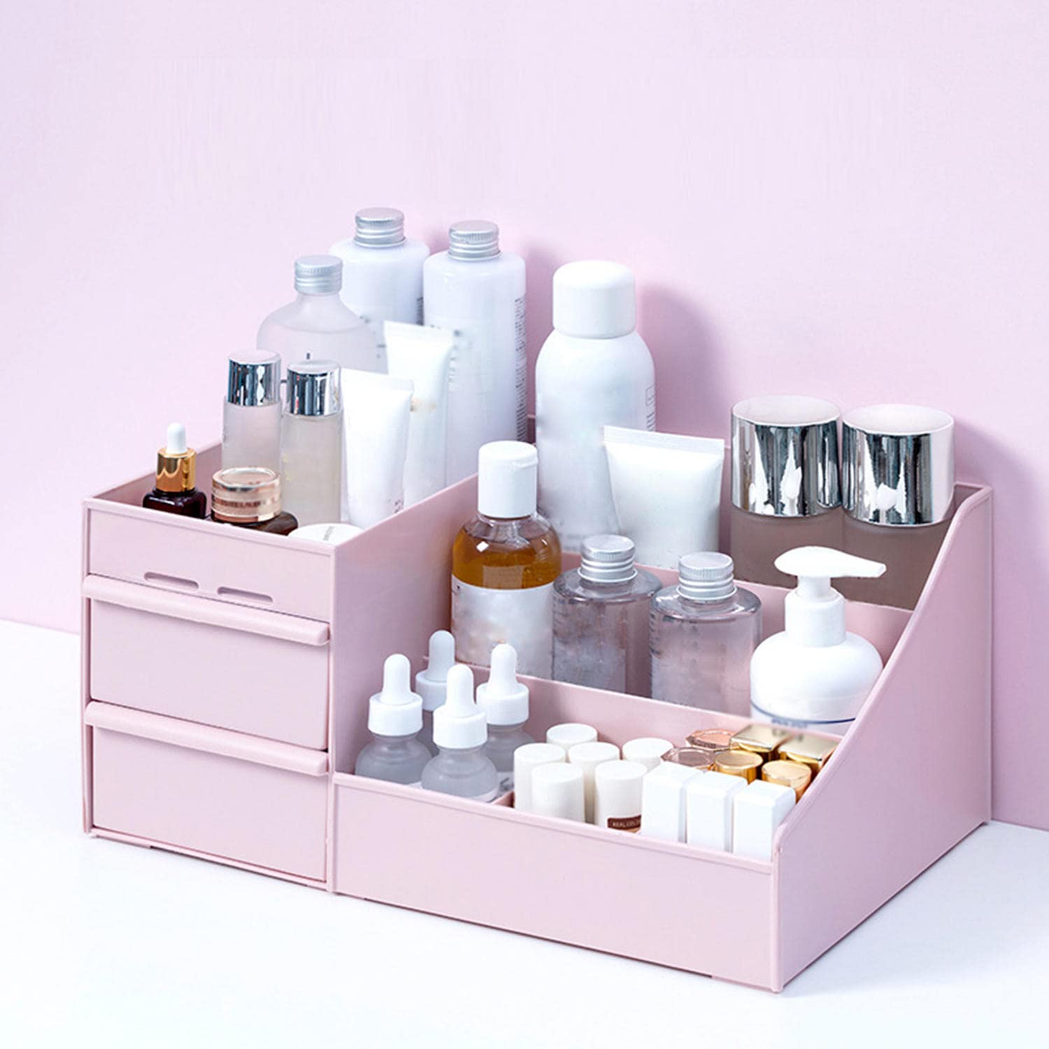 BAWAQAF Large Capacity Makeup Organizer & Cosmetic Storage Box with Drawers - Desktop Jewelry & Nail Polish Organizer for Bathroom, Bedroom, Dresser (Khaki, White, Pink) | Perfect for Vanity, Travel & Home Decor Organization