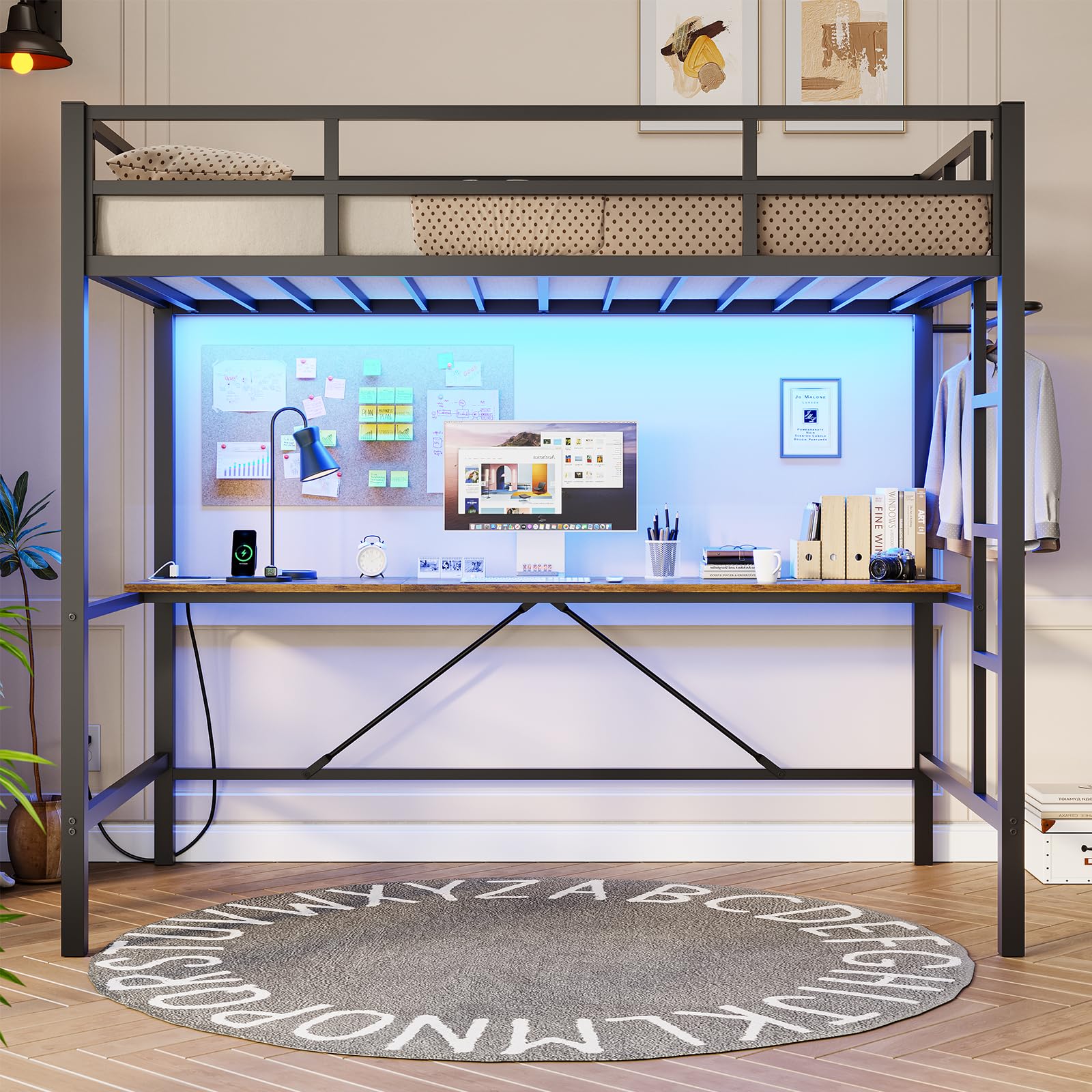 **Twin Loft Bed with Desk & Charging Station - Metal Bunk Bed Frame with LED Lights, Safety Guardrail & Stair - Space-Saving Black Platform Bed for Kids & Teens - Perfect for Small Bedrooms, Dorms & Studio Apartments**