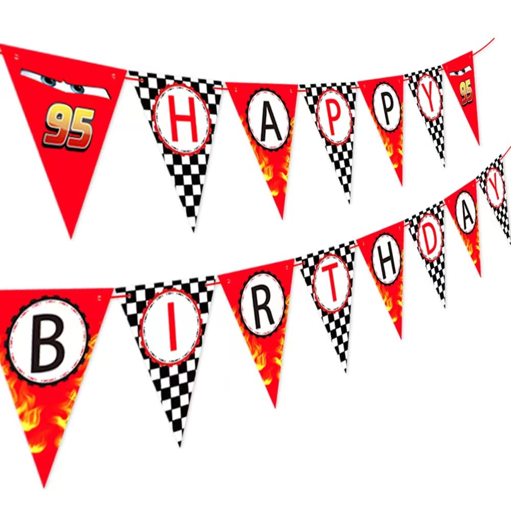 Race Car Happy Birthday Banner - Racing Themed Party Decorations, Checkered Flag Party Sign & Supplies for Boys' Birthday, Baby Shower, Kids Room Decor | Let's Go Racing Theme