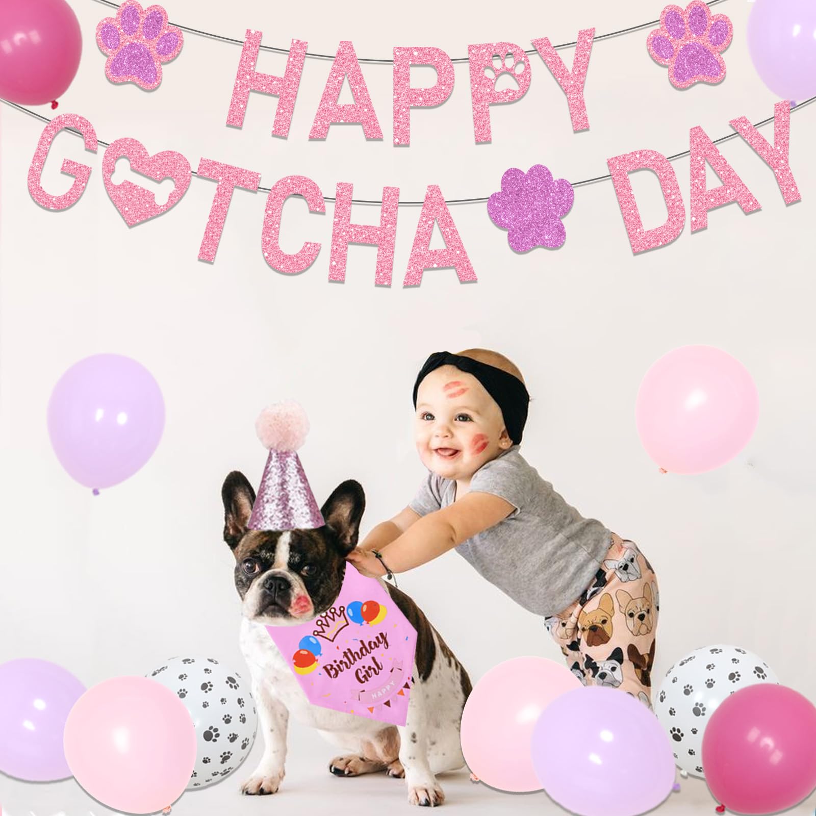 Happy Gotcha Day Decorations Set - Pink & Purple Pet Adoption Party Supplies with Banner, Bandana, Paw Balloons & Cone Hat for Dog Cat Birthday Celebration | Perfect for Adoption Anniversaries, Pet Parties & Special Memories