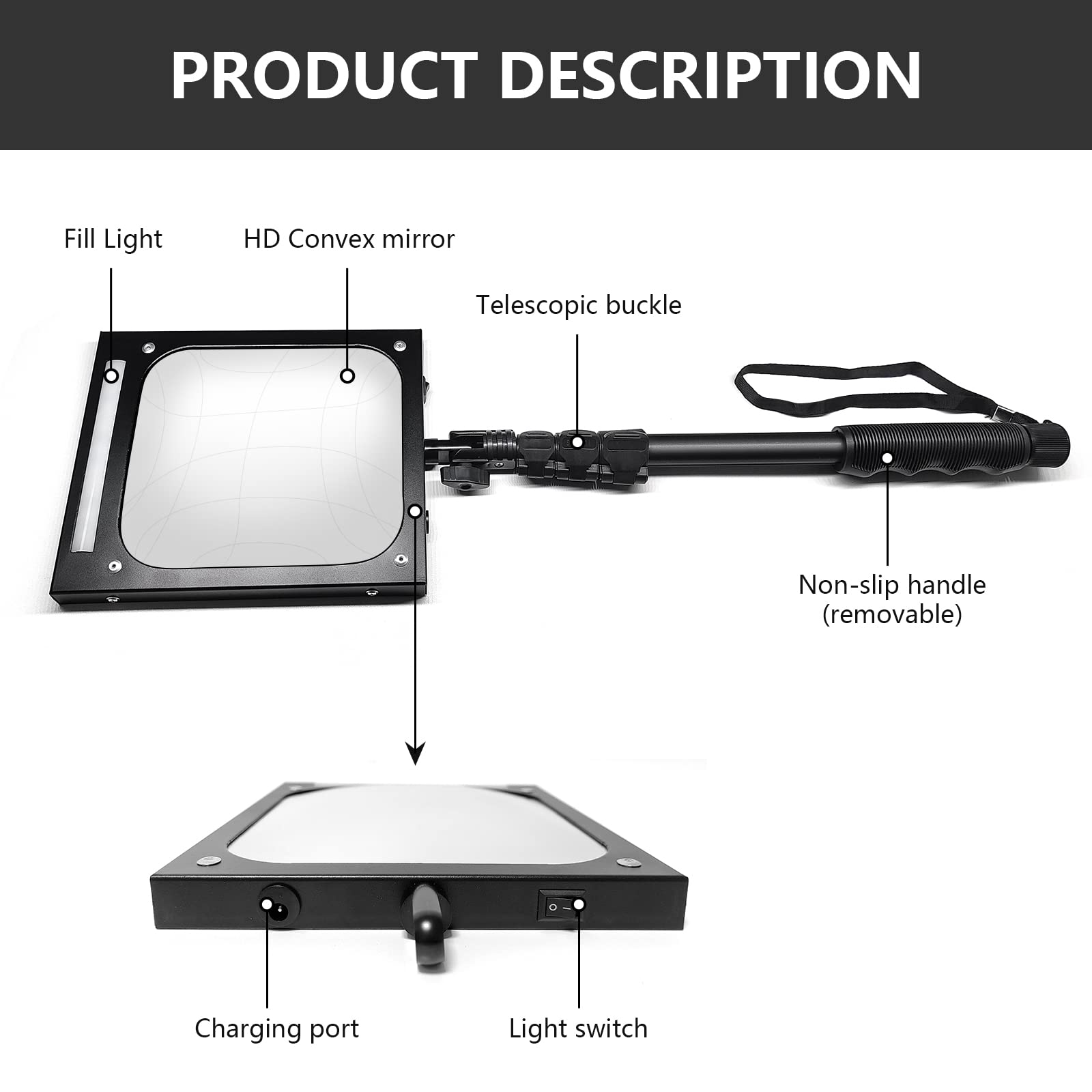 Rechargeable LED Telescoping Inspection Mirror - 7.87 Inch Extendable Car Mirror for Auto Repair, Home Maintenance & Hard-to-See Areas | Portable Vehicle Inspection Tool with Bright Light