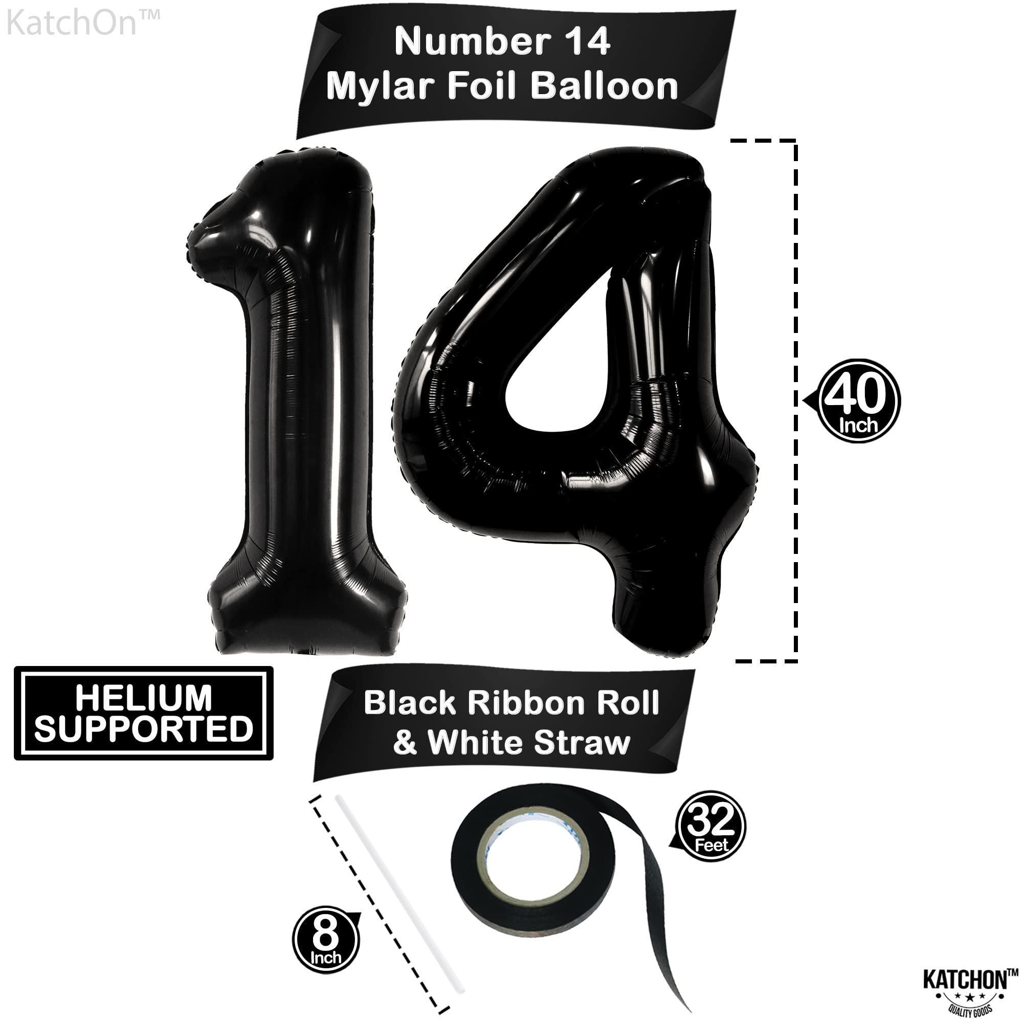 KatchOn 40 Inch Giant Black 14 Balloon Numbers Foil - Birthday Party Decorations for Boys | 14th Birthday Balloons for Teen Boy Party Supplies | Perfect for Birthday Parties, Graduations & Special Celebrations