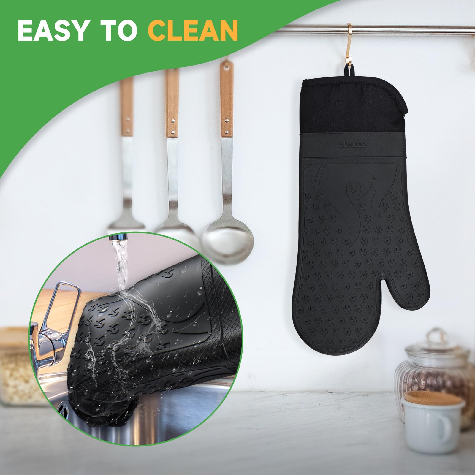GEEKHOM Heat Resistant Silicone Oven Mitts & Pot Holders Set - Extra Long BBQ Gloves with Non-Slip Grip for Cooking, Baking, Grilling - Perfect for Kitchen, Outdoor Camping & Backyard BBQ (Black)