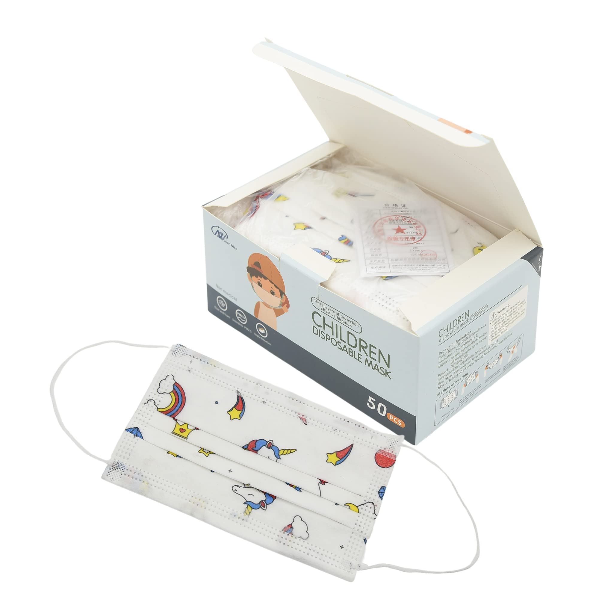 50 Pcs 3-Ply Disposable Cartoon Face Masks for Kids - Soft & Breathable Protection for School, Travel & Daily Use