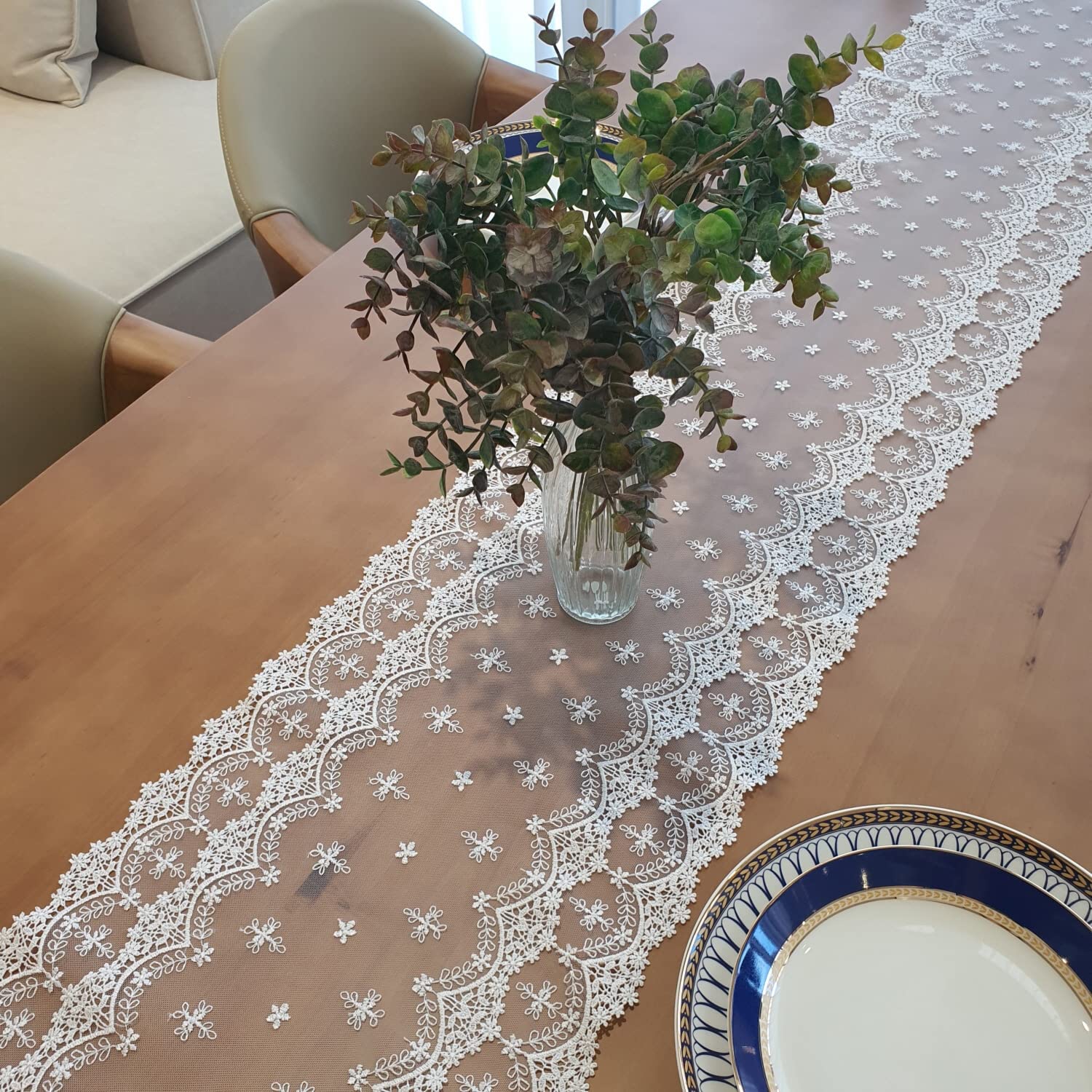 Elegant White Embroidered Table Lace Runner 12×50 Inch (31×130cm) - Perfect for Wedding, Holiday, Picnic & Daily Dinner Table Decor - Durable Polyester Fabric for Home & Event Decoration