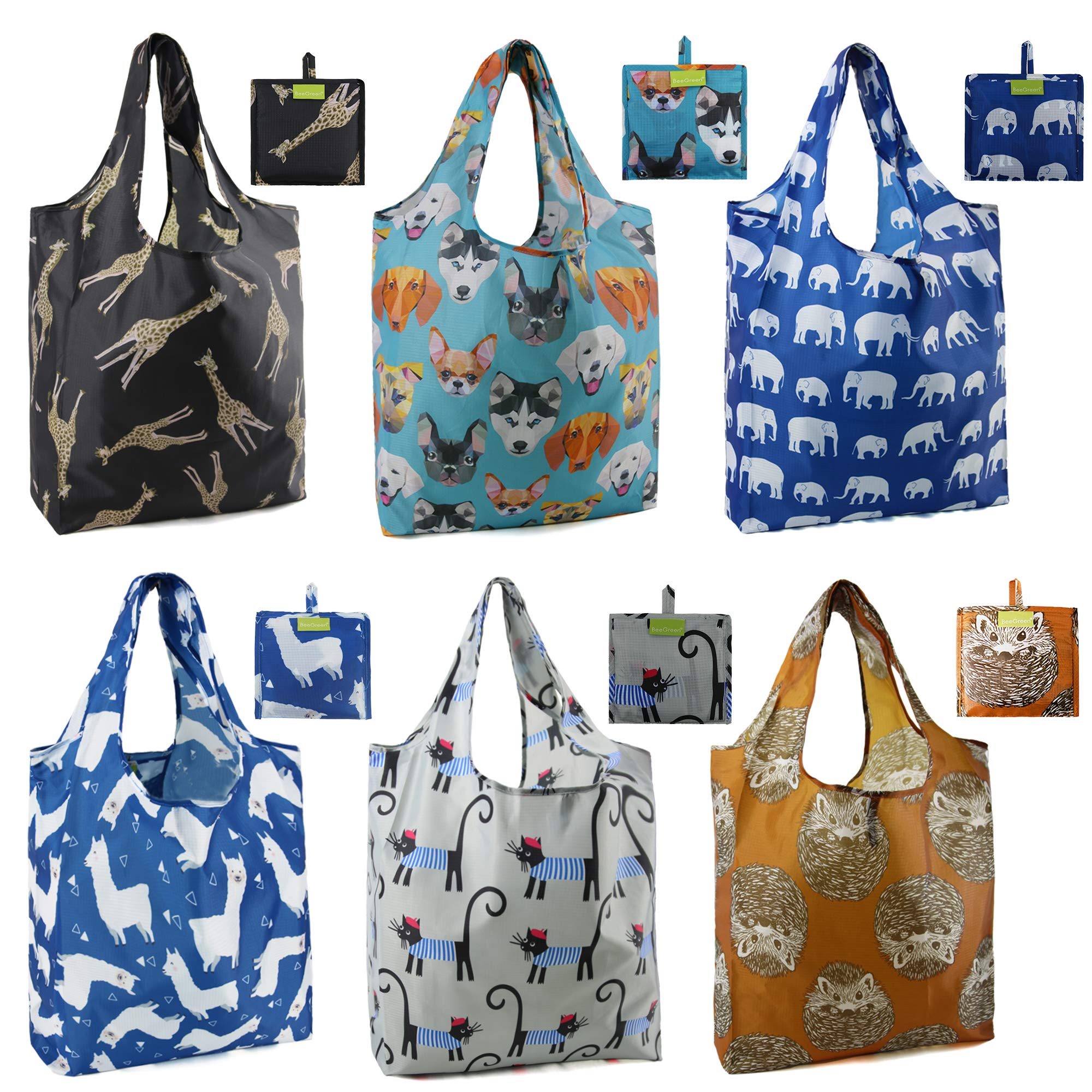 BeeGreen 6 Pack Reusable Foldable Shopping Bags - Large Heavy Duty Polyester Grocery Tote Bags with Handles, Cute Holiday Gift Bags for Groceries, Travel, Picnics & Beach Trips