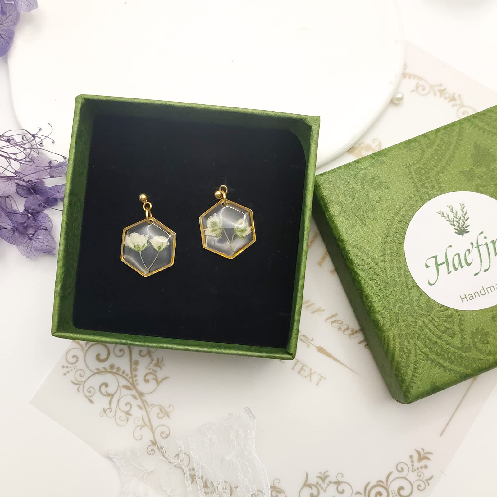 Handmade Pressed Flower Earrings for Women - Unique Baby's Breath Floral Studs with Gold Accents, Resin Drop Dangle Earrings, Symbol of Love & Innocence - Perfect Gift for Her, Bridesmaids, Mother's Day & Everyday Boho Chic Outfits