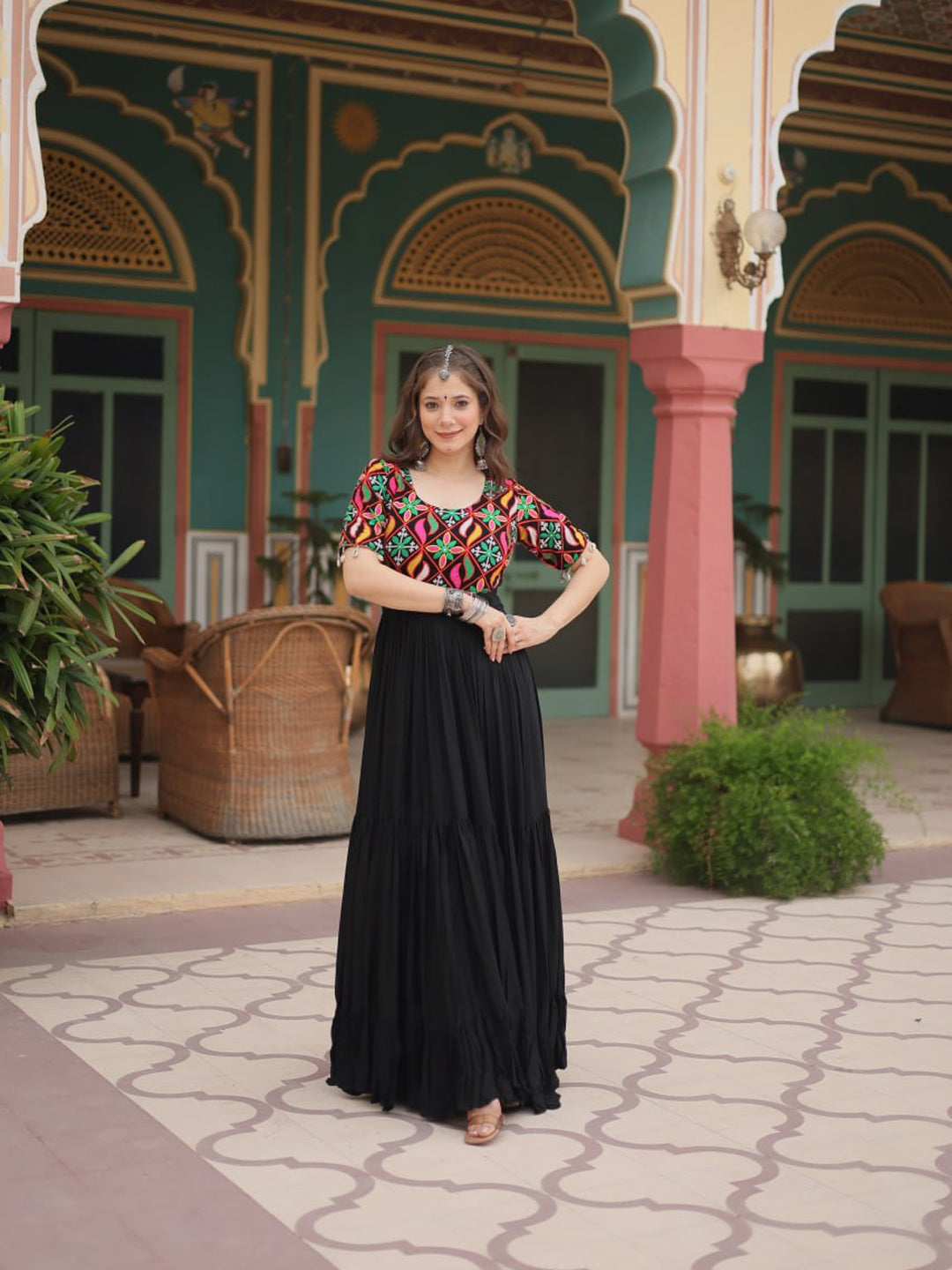Black Faux Georgette Embroidered Gown for Navratri Festival - Elegant Heavy Ready-to-Wear Dress for Puja Celebrations & Special Occasions