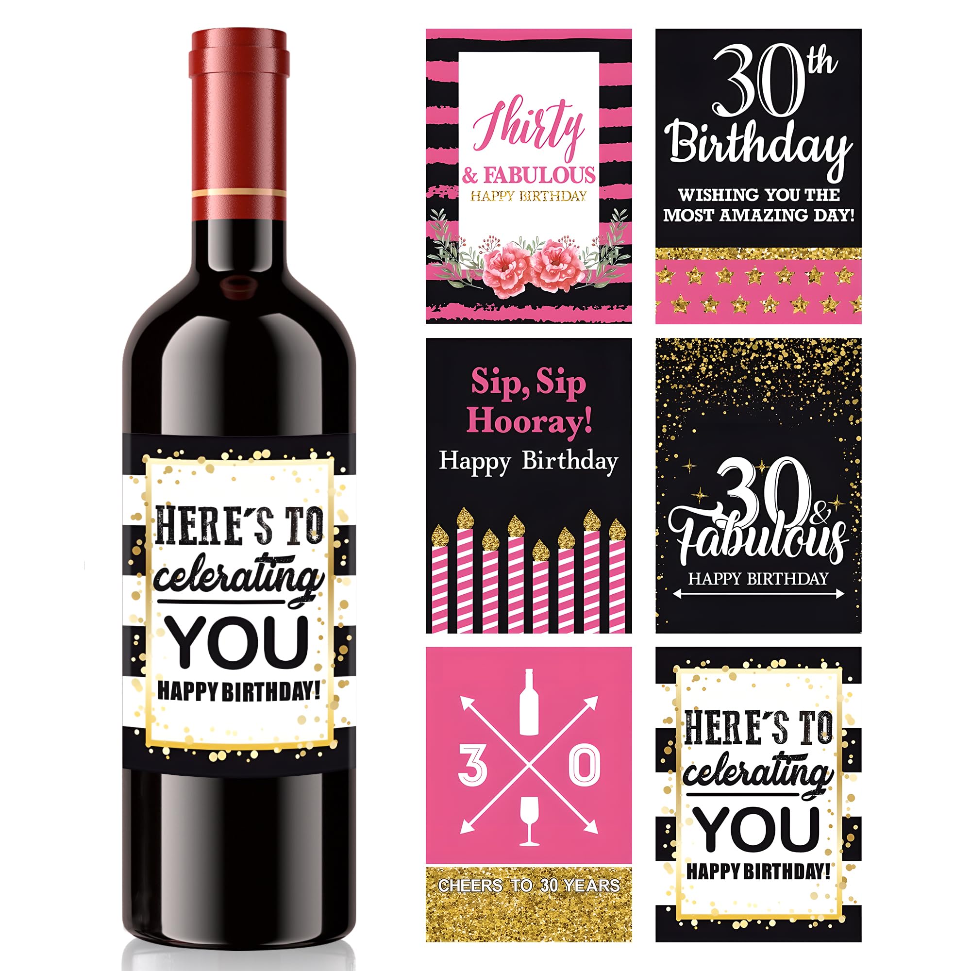VIDELLY 12-Pack Custom 30th Birthday Wine Bottle Labels - Personalized Waterproof Stickers for Party Decor (Black, Gold, Pink) - Perfect 30th Birthday Gifts for Women - Great for Birthday Celebrations, Wine Parties & Special Occasions