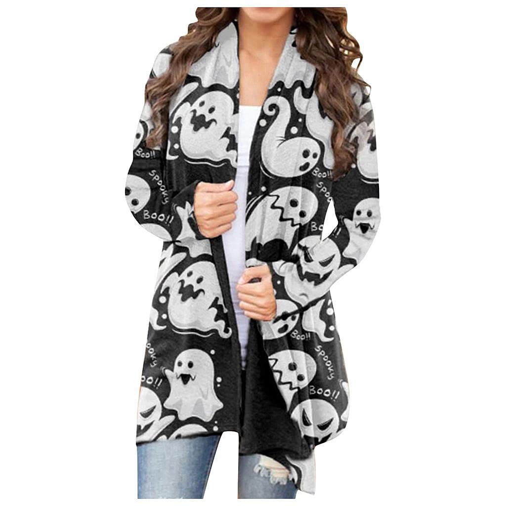 Women's Halloween Cardigan - Cute Pumpkin Black Cat Ghost Print Long Sleeve Open Front Lightweight Coat | Perfect for Halloween Parties, Costume Events & Fall Fashion