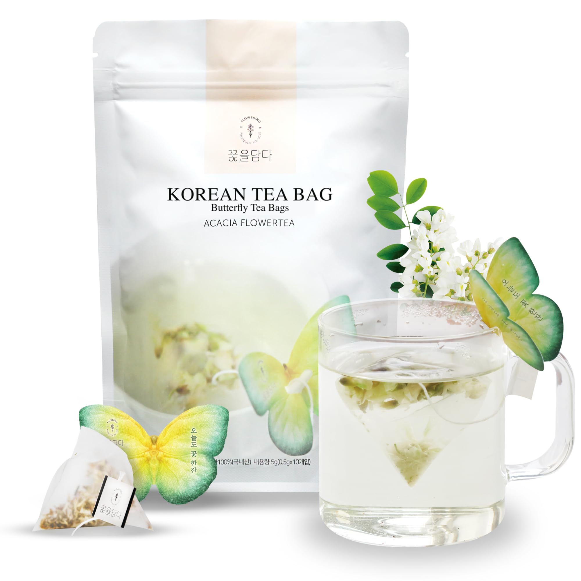 KKOKDAM Acacia Butterfly Tea Bags - 10 Count Decaf Loose Leaf Herbal Tea for Iced or Hot Brewing - Premium Korean Gift Set for Relaxation & Gifting - Perfect for Afternoon Tea, Spa Days & Special Occasions