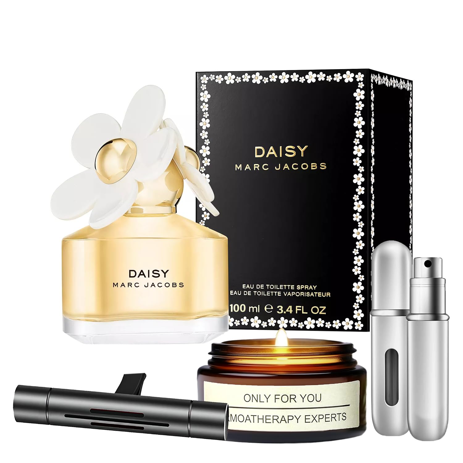 Women's Daisy Perfume Gift Set - 3.4 Oz EDT Spray with Lavender Soy Candle (5 ml), Car Fresheners & Travel Atomizer | Perfect Birthday, Anniversary & Holiday Present for Her | Office, Date Night & Travel Fragrance